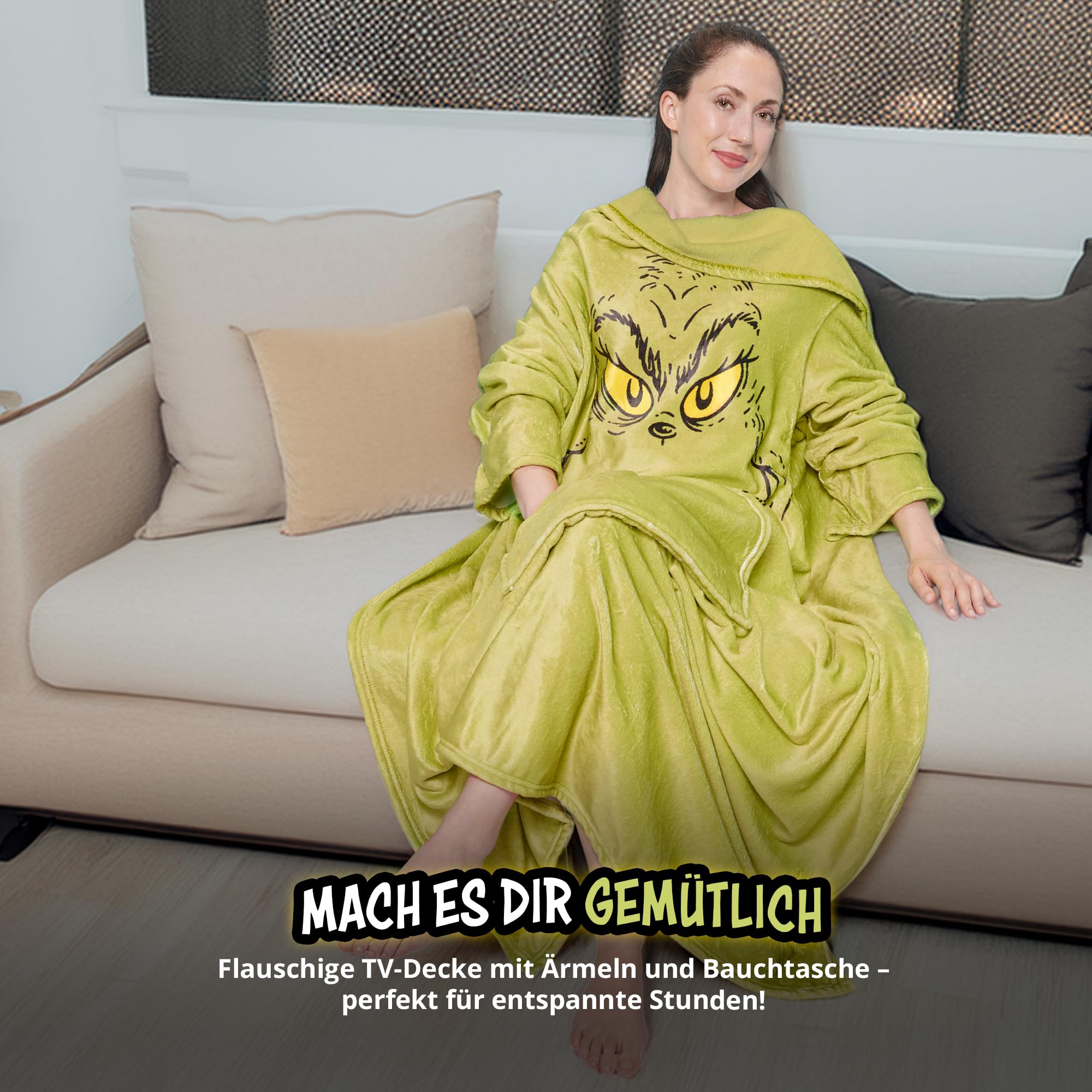 Couverture TV The Grinch - Manches Et Poche Ventrale - 130x170 Cm - Polaire Corail - Verte - 5