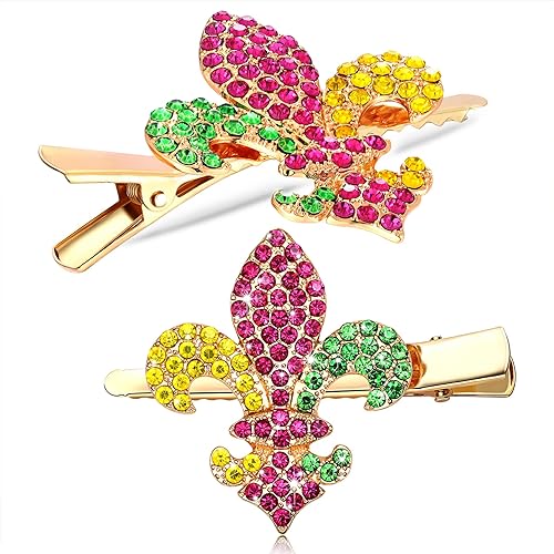 Mardi Gras - Accesorio de pinzas para el cabello máscara de diamantes de imitación con purpurina corona de flor de lis horquillas para mujeres y