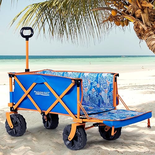 Carro de playa extra largo de 50 pulgadas con ruedas grandes para arena, carrito de playa plegable resistente, ideal para arena al aire libre,
