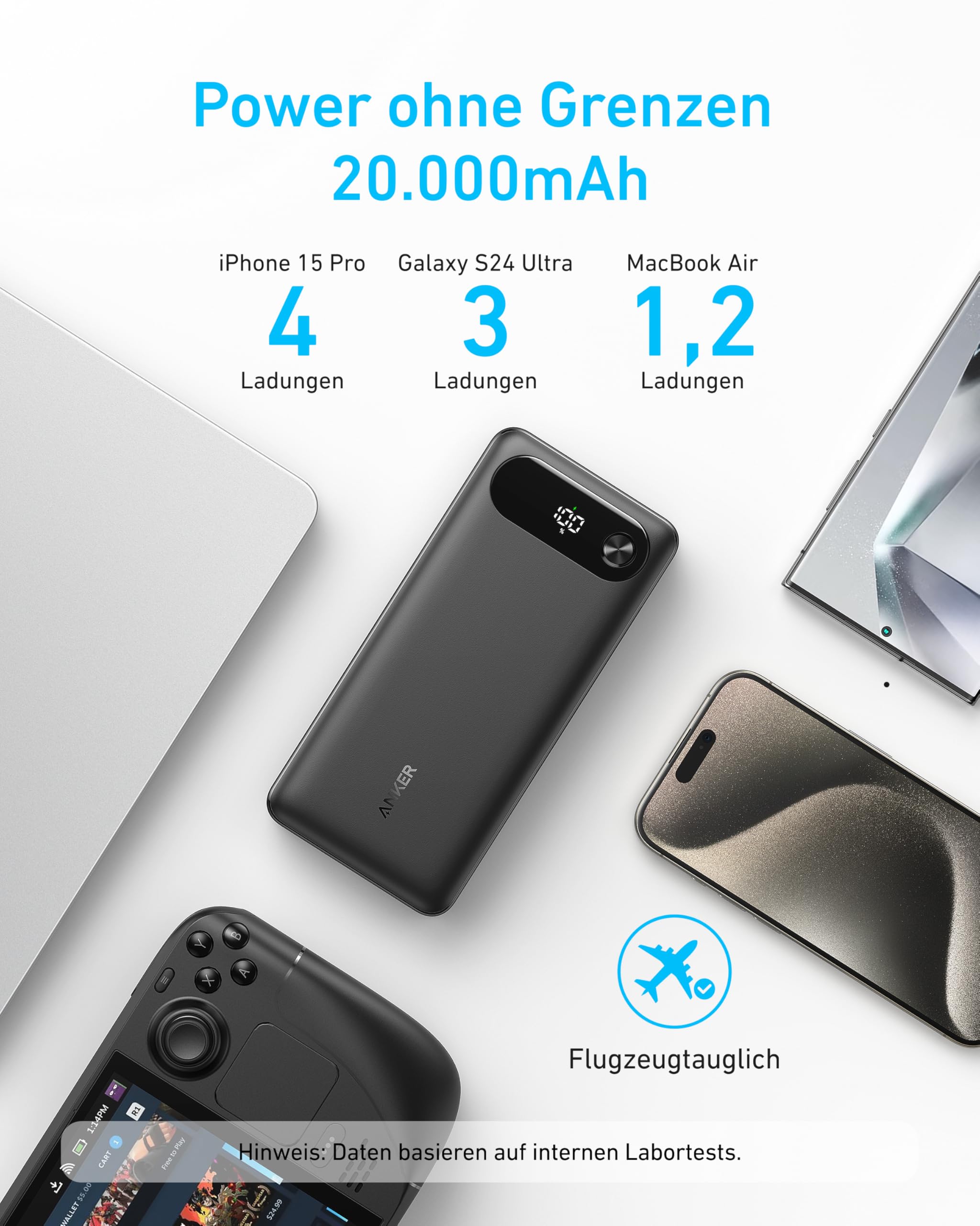 Anker Powerbank, 20.000mAh tragbares Ladegerät mit integriertem USB-C-Kabel, 87W Max Schnelllade-Akku, 1 USB-C und 1 USB-A, für MacBook, iPhone 17/16/15/14 Serie, Samsung, Switch, und mehr