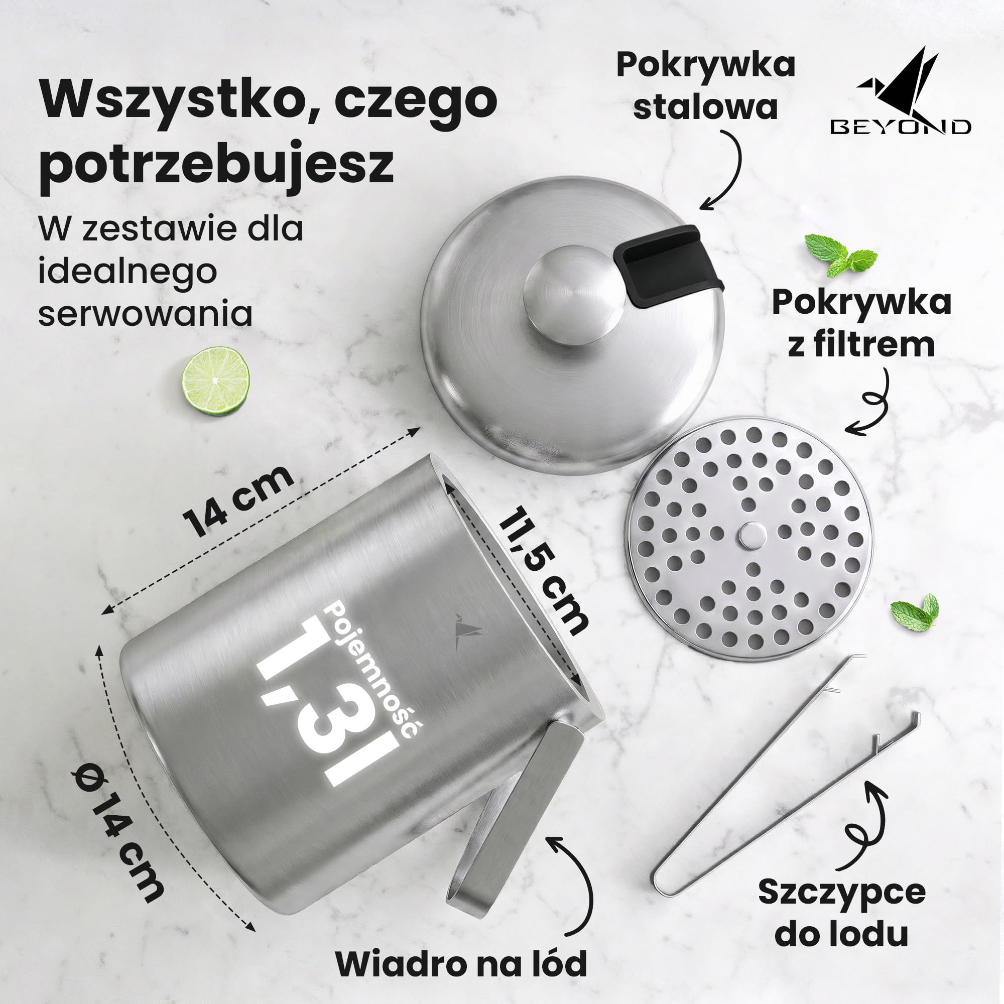 Beyond Pojemnik na Kostki Lodu z Pokrywką i Szczypcami ze Stali Nierdzewnej BPA-free – Chłodziarka do Lodu z Podwójnymi Ściankami, 1,3 Litra Kostek Lodu, Wiaderko na Lód, Kubełek na Lód – Srebrny