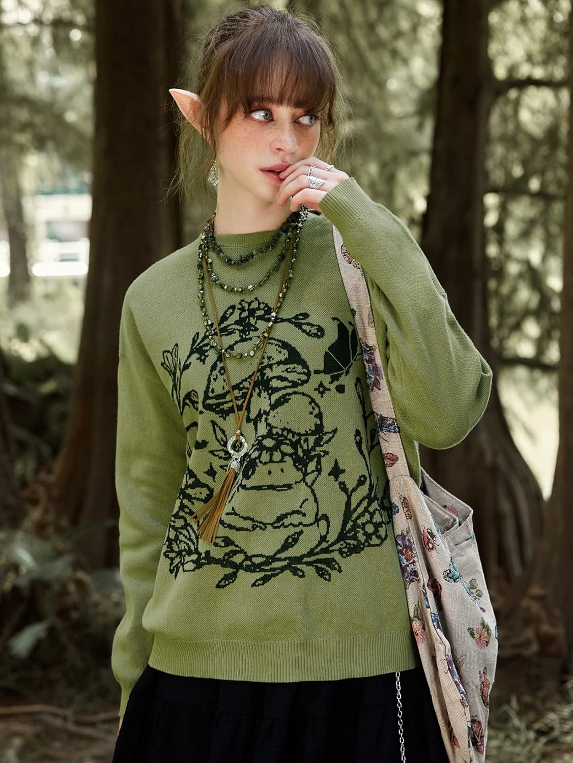 Women's Sweater Frog & Mushroom Pattern Drop Shoulder Sweater Sweater for Women (Color : Olive Green, Size : Medium)