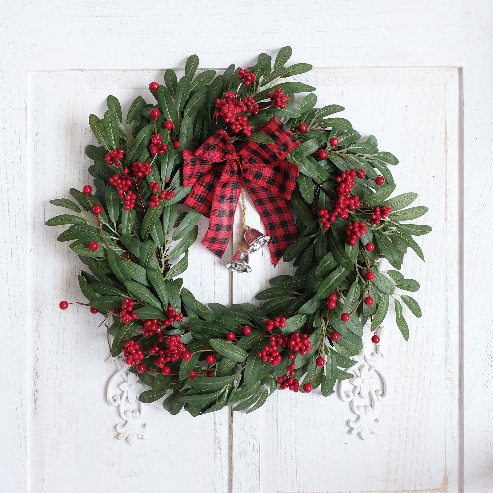 Ghirlanda di oliva di Natale per porta d'ingresso di Natale Red Berry Ghirlanda di foglie di fiocco invernale con bacche rosse e Jingle Bell Farmhouse Front Door Corona