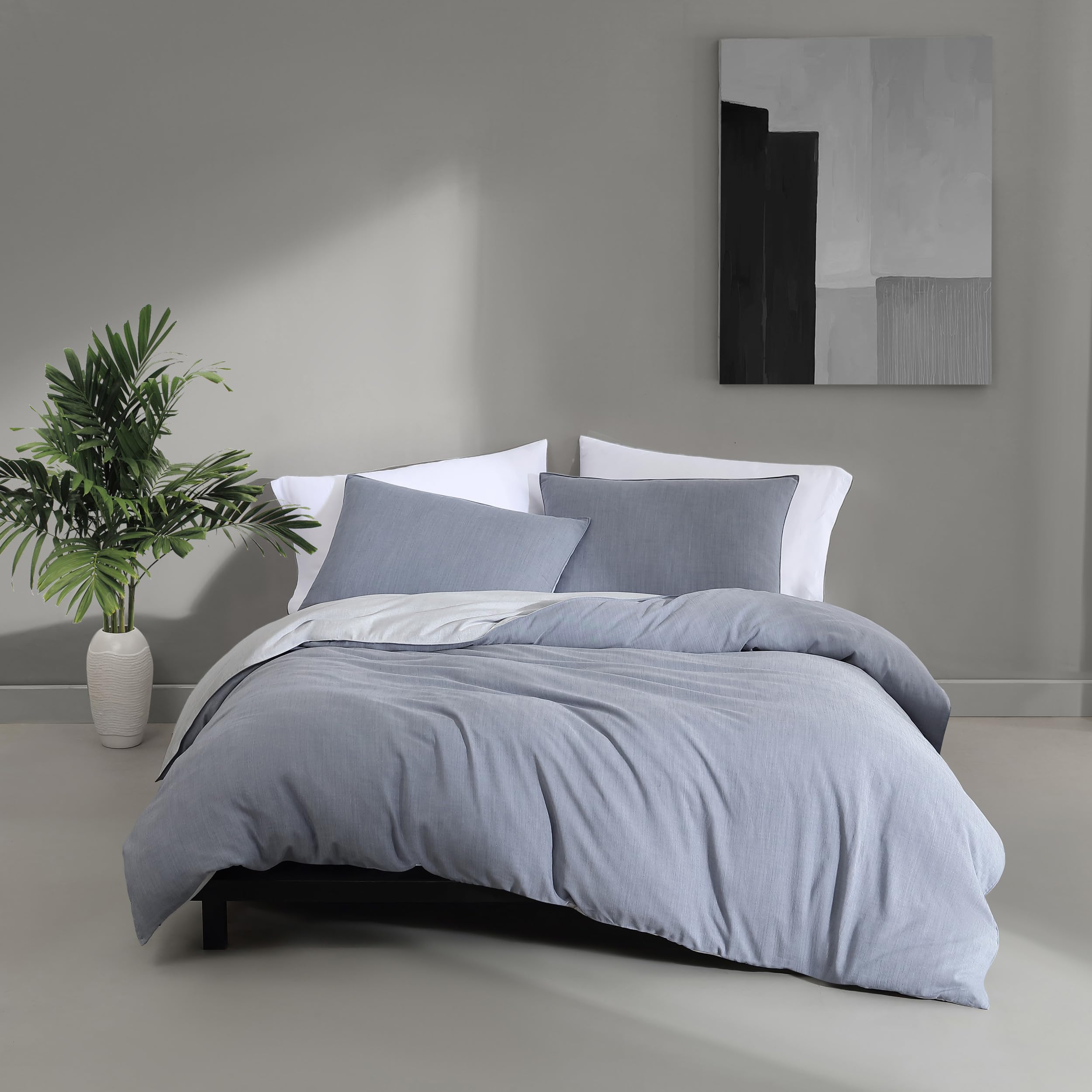 Photo 1 of Calvin Klein - Queen Duvet Cover Set, Soft & Reversible Bedding, Crisp Feel with Tailored Top-Stitching & Hidden Zipper, 3 Piece Bed Set with Matching Pillowcases (Slate Blue)