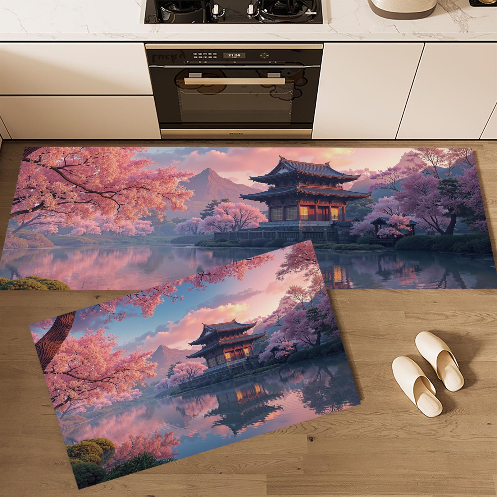 Acquerello Giapponese Set di Tappetini da Cucina Antiscivolo in 2 Pezzi, Tappetini Tempio Dei Ciliegi In Fiore Lavabili per Corridoio Sala da Pranzo e Ingresso, 50x80+50x150cm