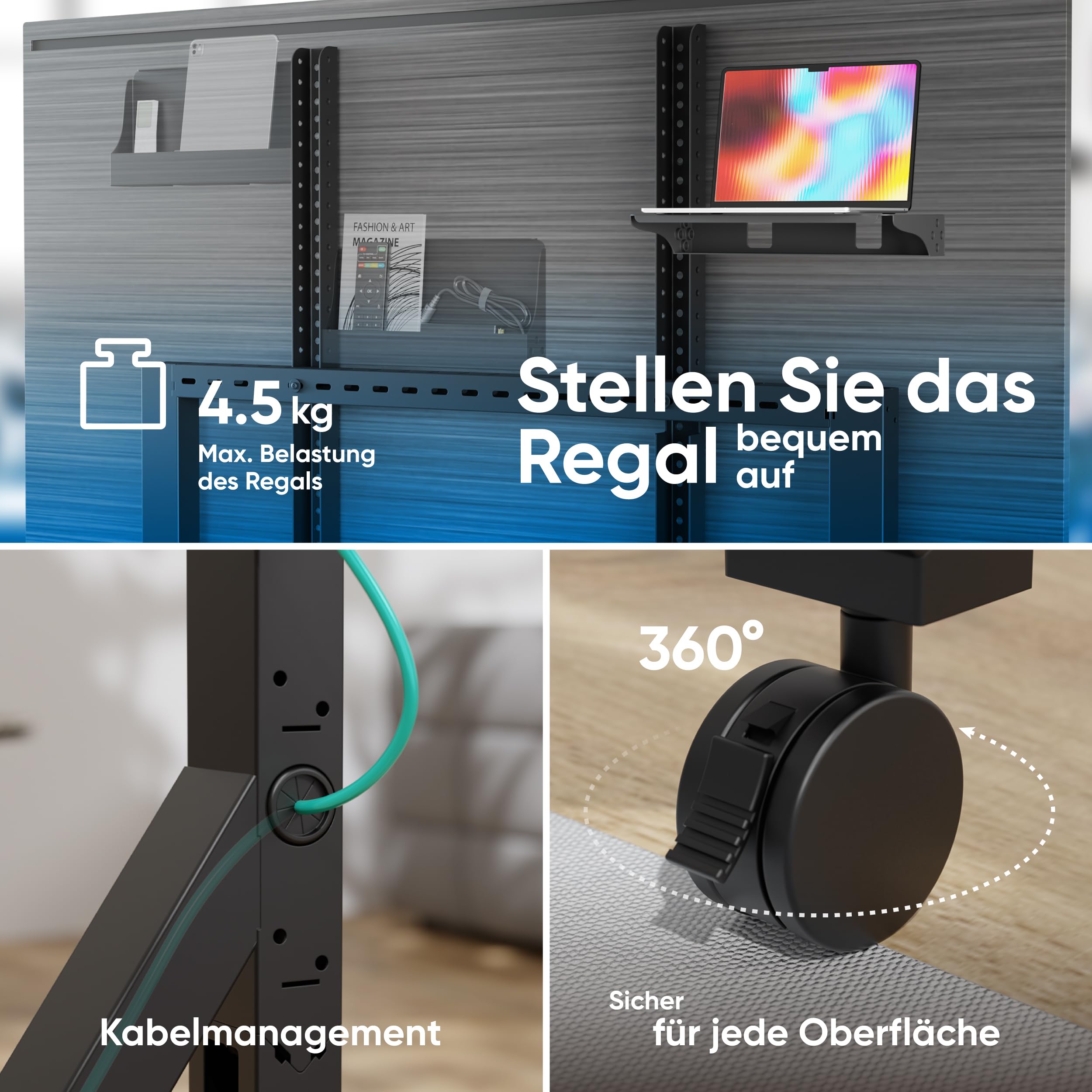ONKRON TV Ständer rollbar für 70-110 Zoll Fernseher, max Belastung 125 kg, Fernseher Rollwagen mit Ablage, TV Standfuss VESA 200x200-1000x800, mobiler Fernsehständer mit Rollen Schwarz TS2081-B