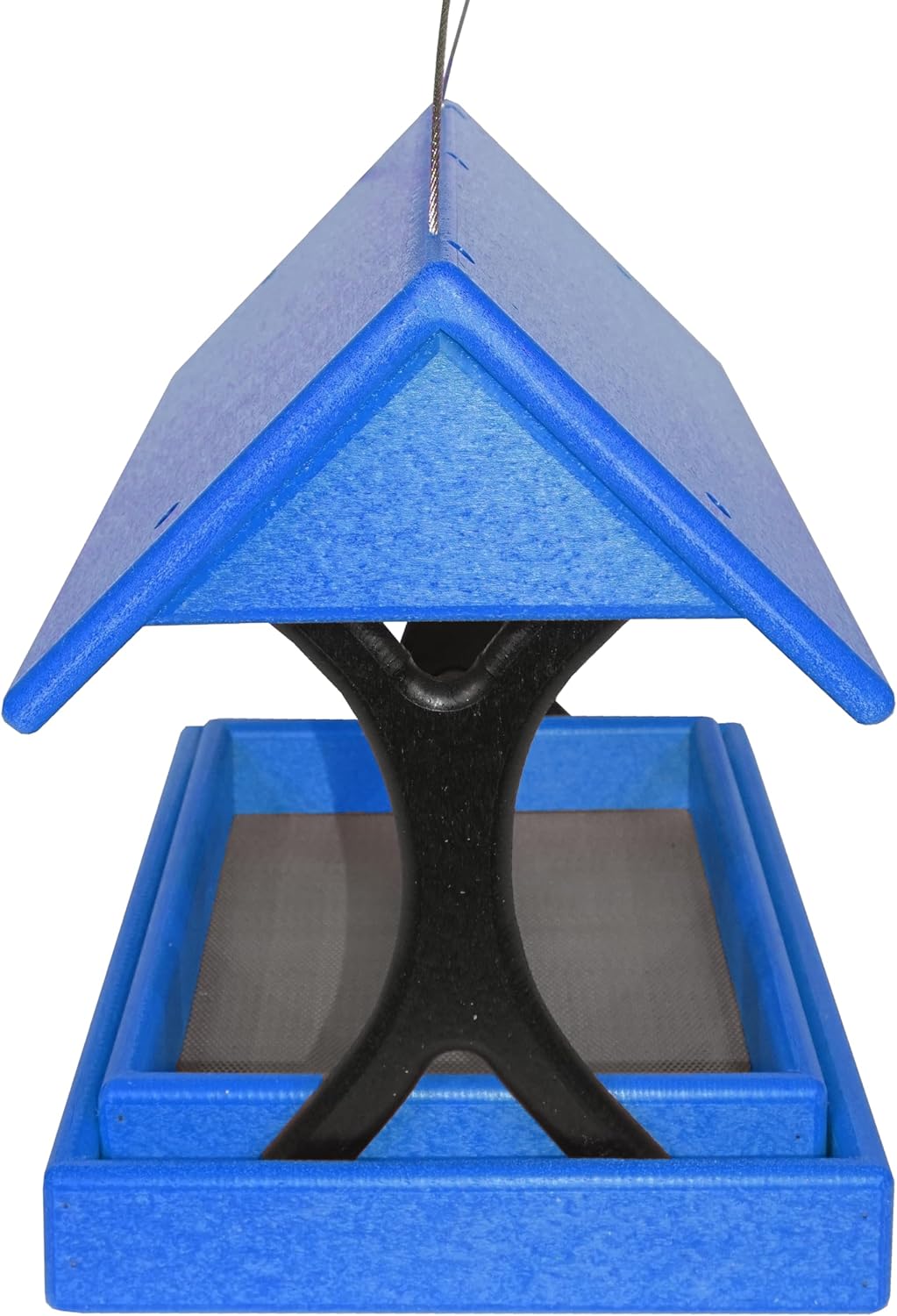 DutchCrafters Poly Plastic Fly Through Bird Feeder with Removable Tray, Covered Fly-Thru Mesh Tray Wild Bird Feeder - Amish Made in USA (Bright Blue & Black)