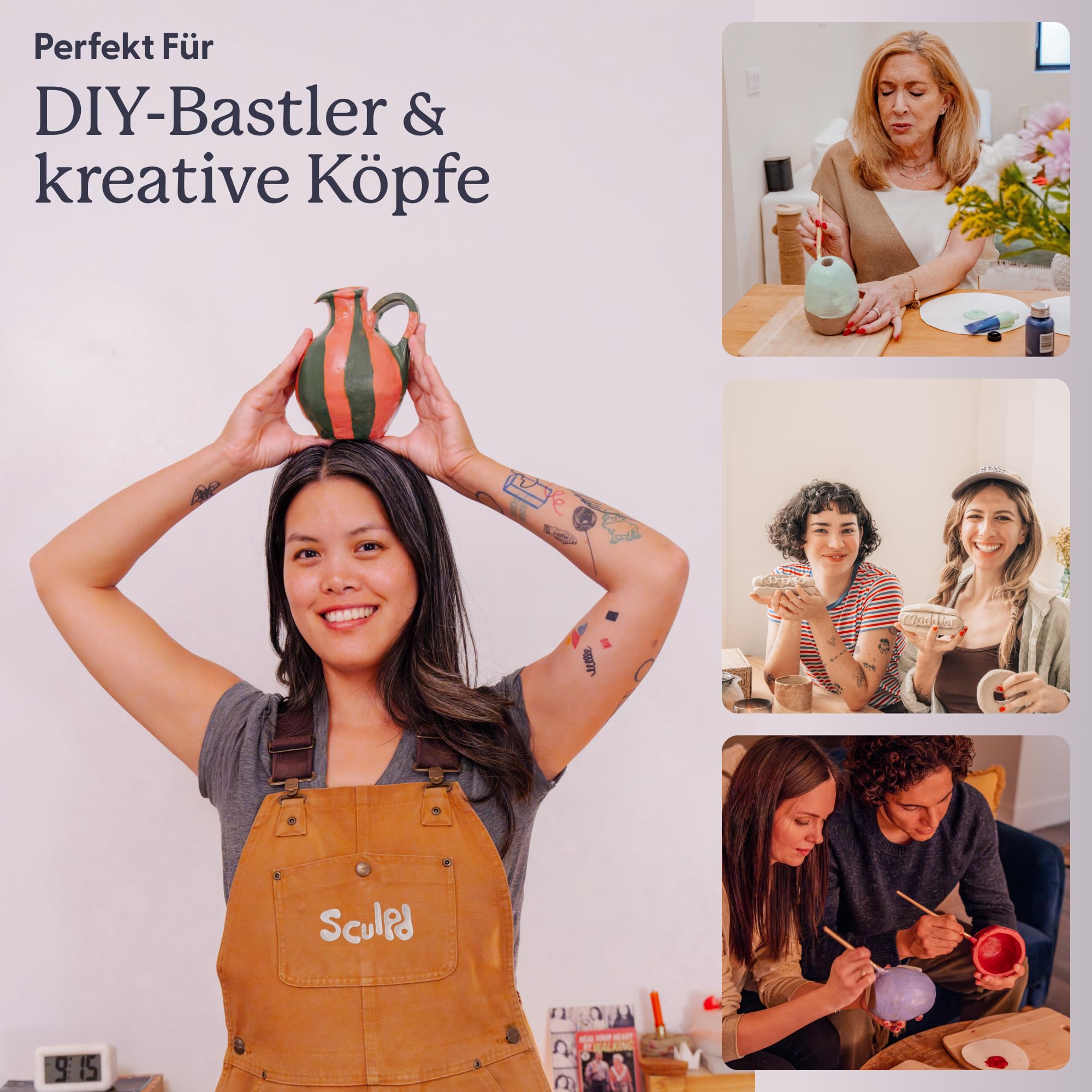 Sculpd – Das originale Töpfer-Set, Komplettes lufttrocknendes Ton-Set für Erwachsene, inklusive Modellierwerkzeugen, Lack, Pinseln, Anleitungen sowie Kunst & Bastelset, Glanzlack mit Pastelltönen