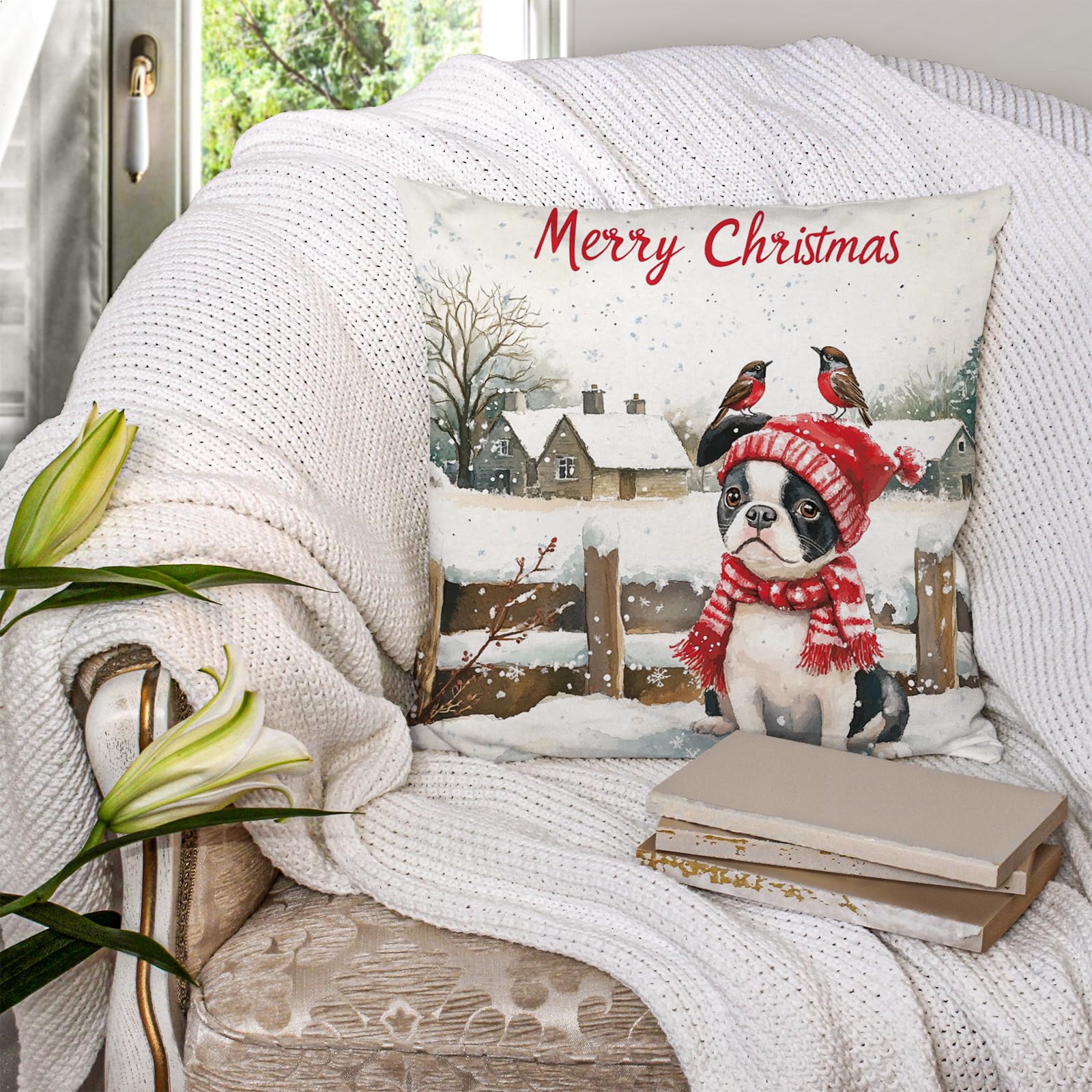 Personalised Boston Terrier In Christmas Jumper Cushion Cover By Floppsie Moppsie