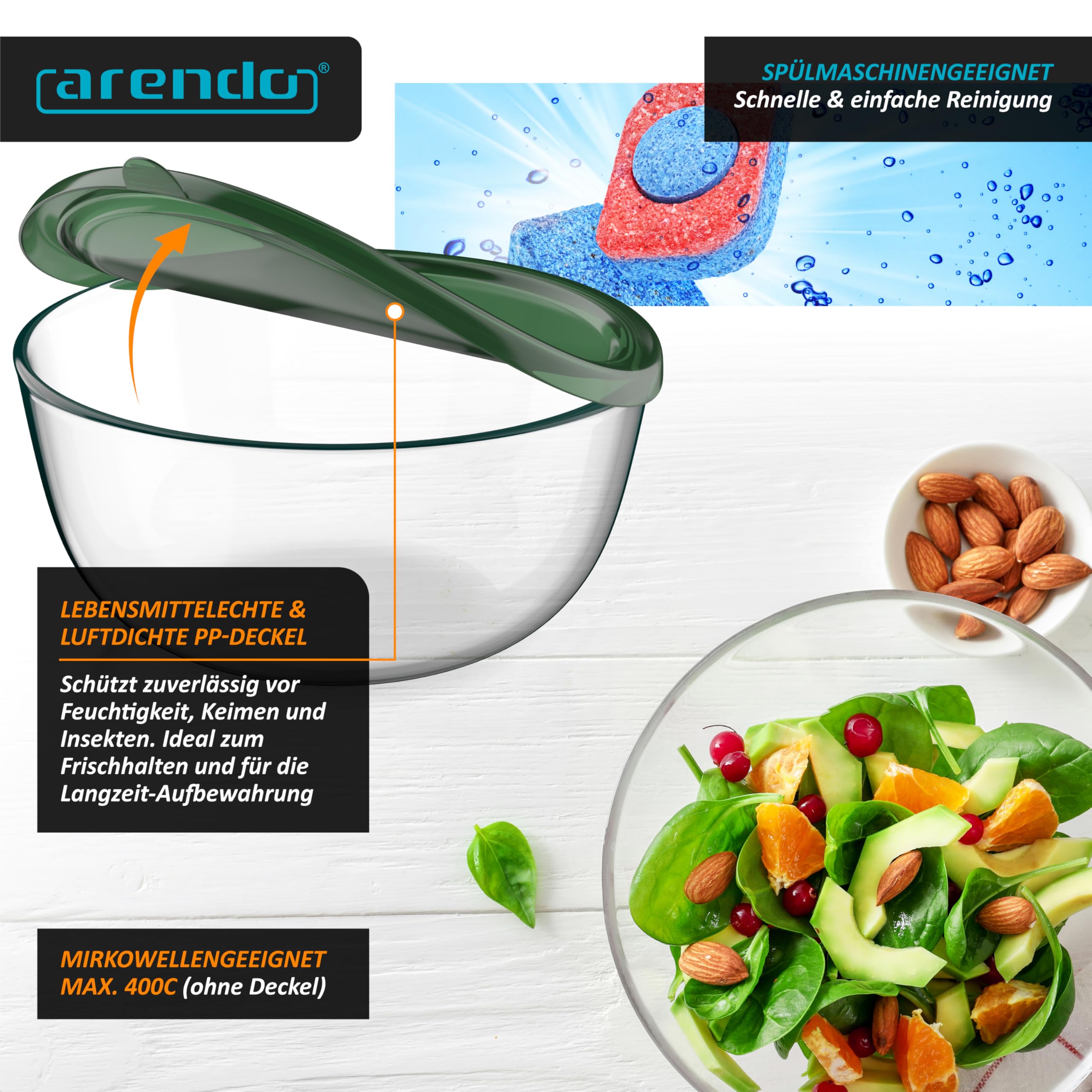 Arendo - Salatschüssel aus Glas mit Deckel - Glasschüssel 5er Set - 1000ml + 1500ml + 2000ml + 2700ml + 4400ml – Rührschüsseln klein bis groß – Borosilikatglas - Glasschale Salatglasschale