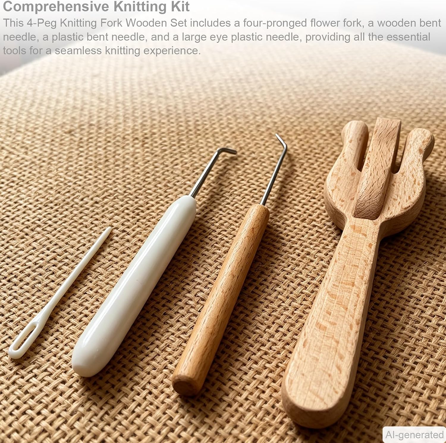 Eagyrosi 4-Pack 4-Peg Knitting Fork Wooden Set with Large Eye Needle and Bent Tip Hook
