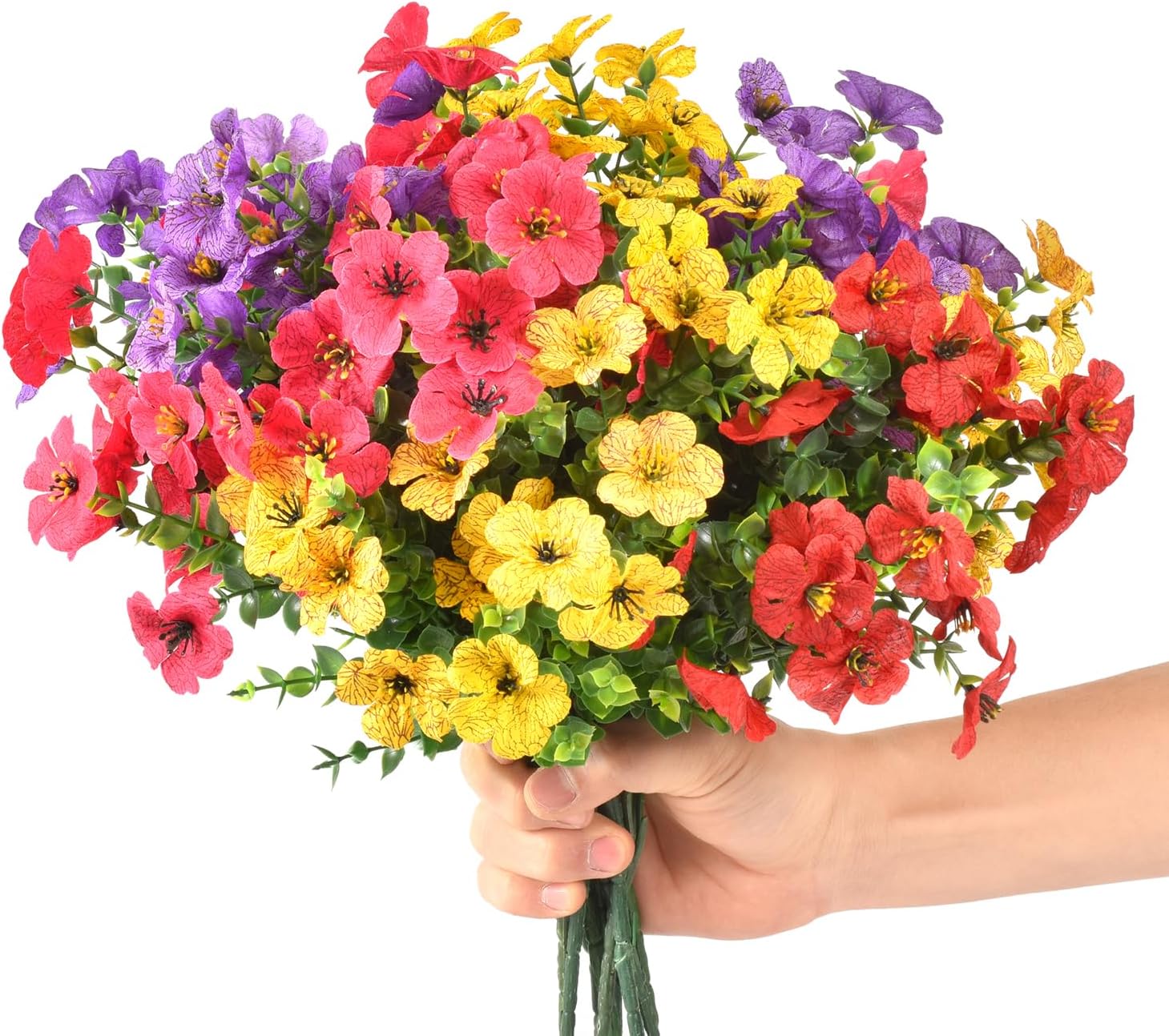 Artificial Flowers Outdoors with Hanging Baskets, Realistic UV Resistant Fake Hanging Plants, Set of 2 Hanging Planters with 24pcs Faux Silk Flower for Front Porch Garden Patio Spring Summer Decor