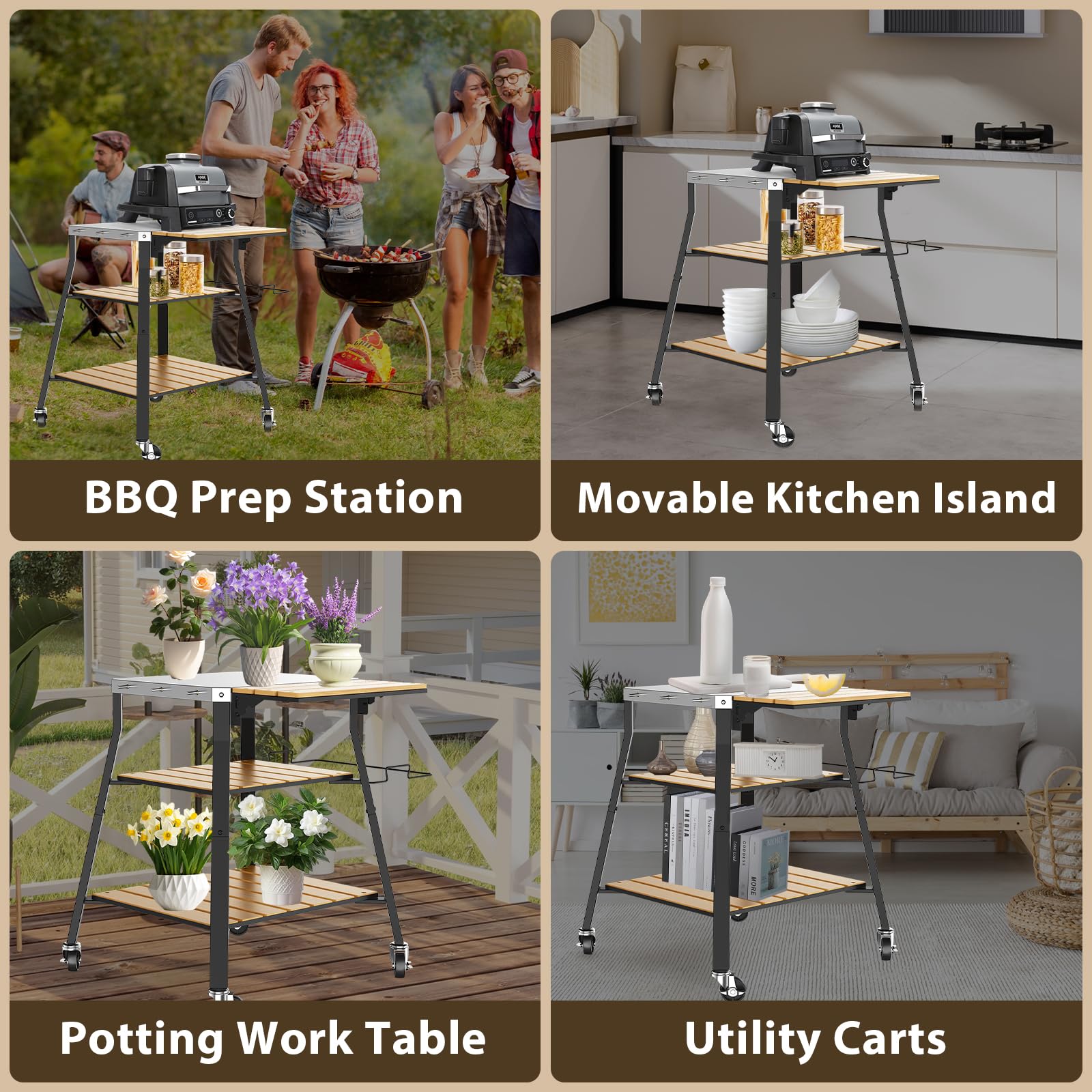 GFTIME Carro universal portátil para barbacoa, mesa rodante de acero inoxidable, carrito de cocina para estufa individual y barbacoa Ninja Woodfire al aire libre, soporte de parrilla con estantes WPC
