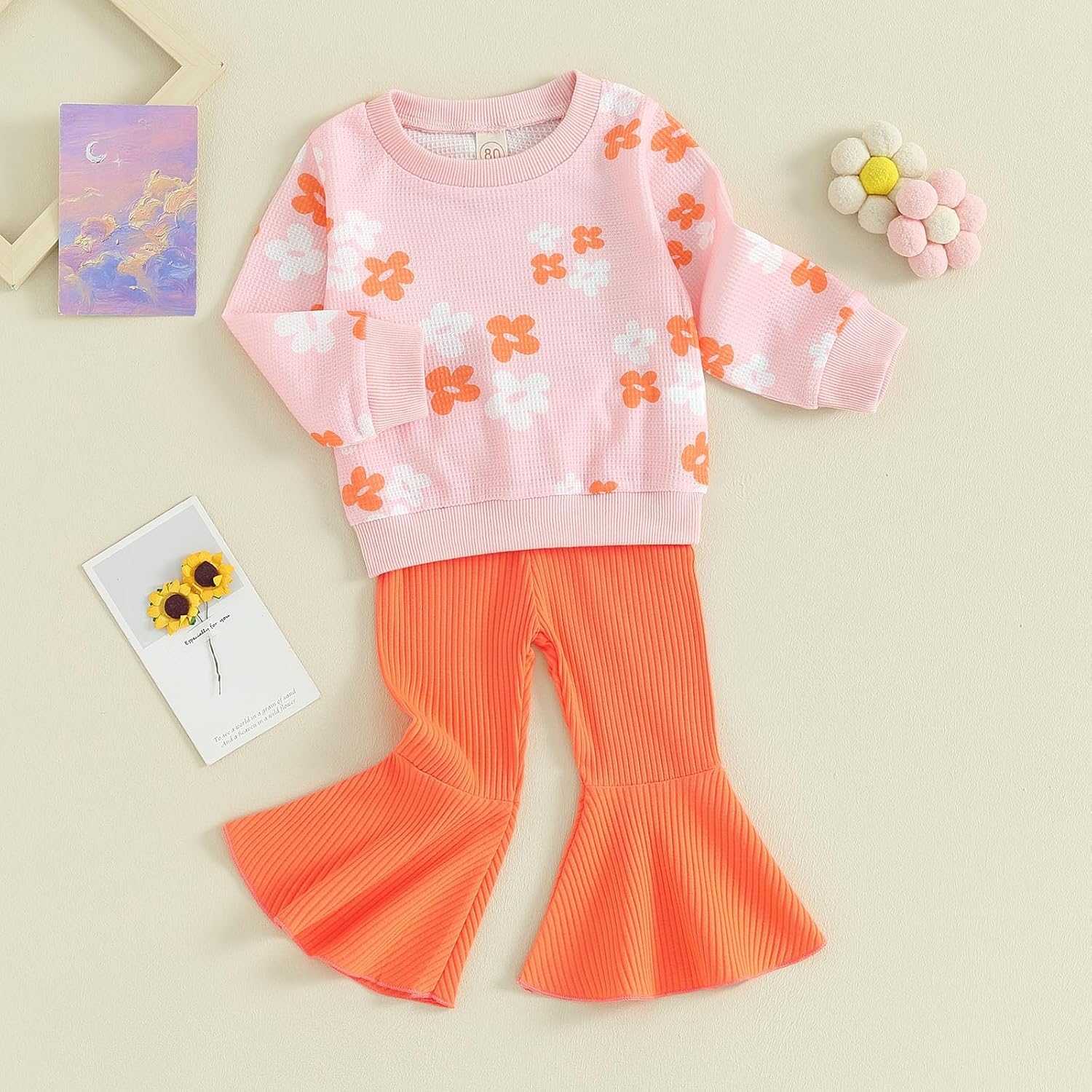 SAYOO Baby Girl Fall Winter Clothes Floral Bow Knit Crewneck Sweatshirts Top Flare Pants Set Toddler Bell-Bottoms Outfits