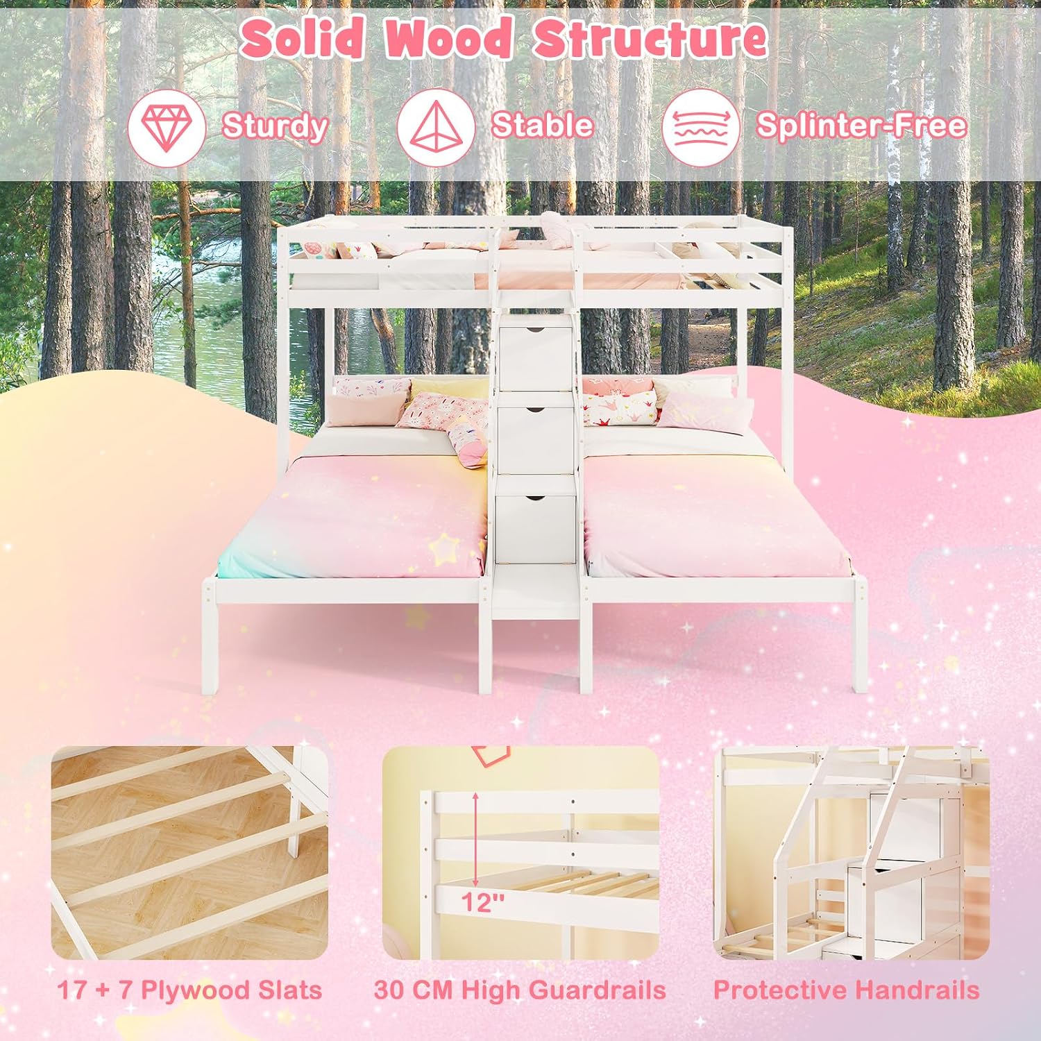 GIANTEX Triple Bunk Bed Solid Wood Structure and Guardrails