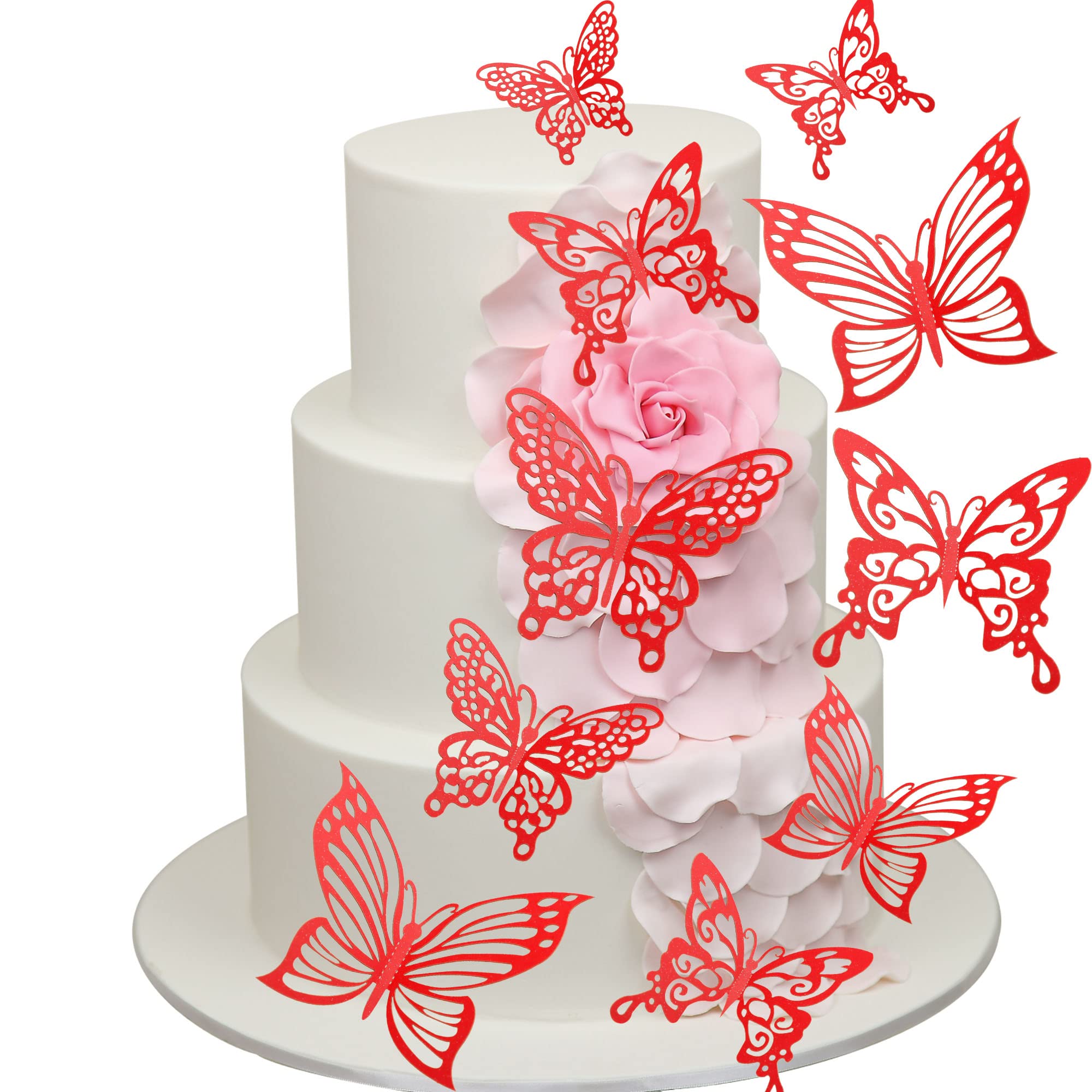 Arthsdite 36pcs Butterfly Cupcake Toppers Lively 3D Effect Butterfly Cake Toppers 3 Styles Butterfly Stickers Hollow Out Room Wall Decoration Kids Birthday Wedding Cake Decoration - Red