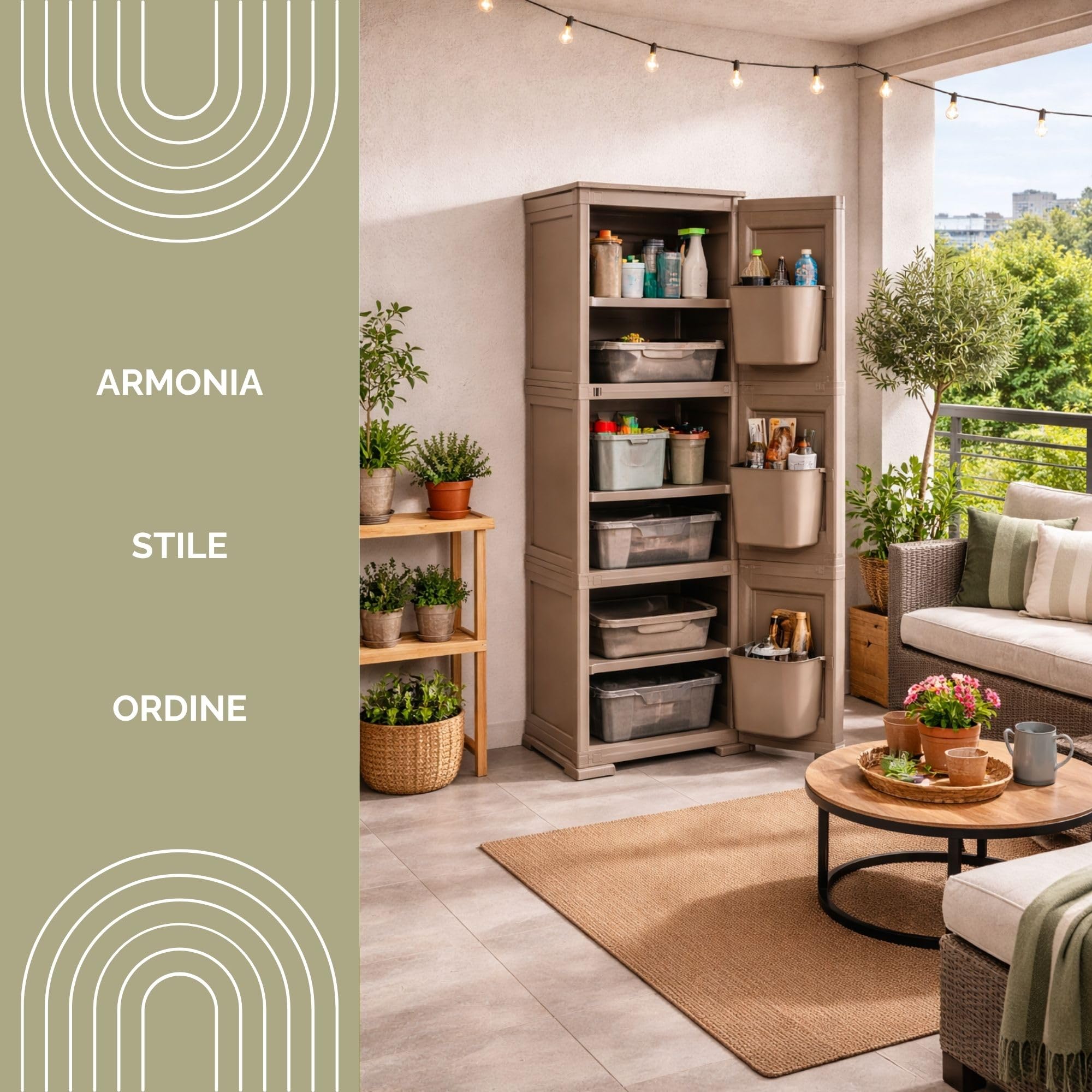 Armadio a Colonna in Plastica 40 x 43 x 125 cm con 3 Moduli, Anta e 3 Tasche Laterali – Mobile Multiuso Salvaspazio per Organizzazione Casa (Taupe)