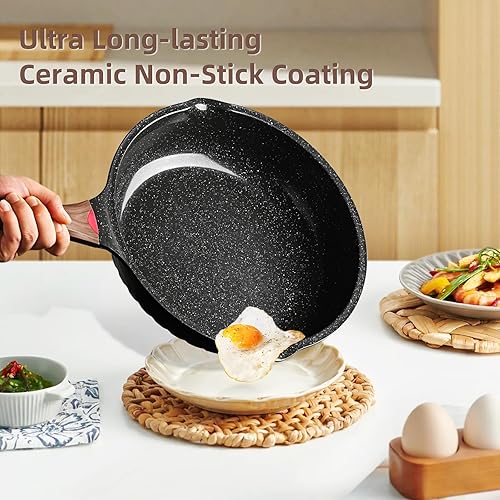 Miniatura 4 de Vinchef Juego de sartenes antiadherentes, sartén de cerámica de 10 y 12 pulgadas con tapa, sartén profunda y sartén para saltar, sin PFAS PFOA y