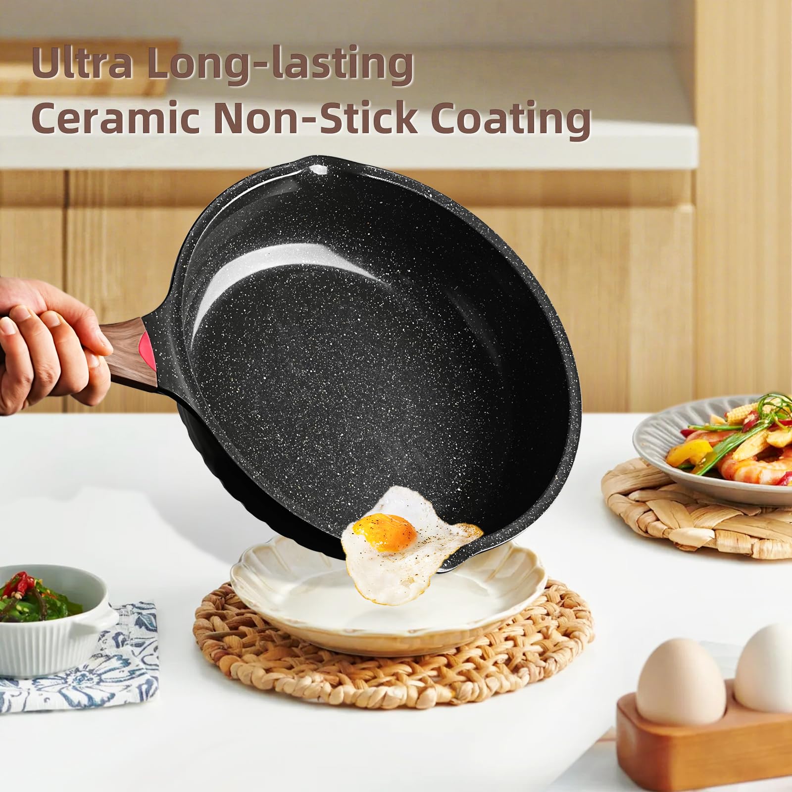 Vinchef Antihaft-Pfannen-Set, 25,4 cm und 30,5 cm, Keramikpfanne mit Deckel, tiefe Bratpfanne und Sautepfanne, PFAS PFOA- und PTFE-frei, visuelle Wärmeanzeige, Induktionsfertig, Bratpfannen mit Deckel