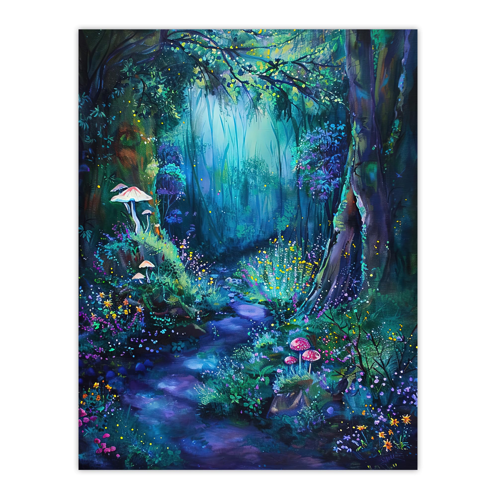Artery8 Enchanted Forest Bioluminescent Fantasy Magical Wall Art Print - Blue - W24 inch x H32 inch