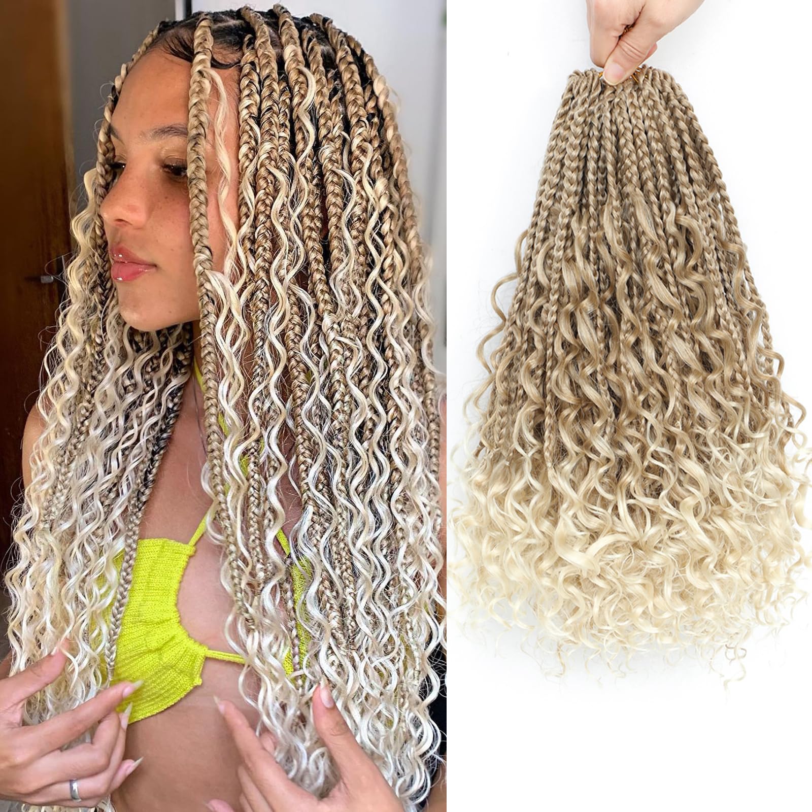 Flagship Goddess Box Braids - 9 Packs (Pre-looped, 14" Omb Blonde Crochet Braids with Curly Ends) Bh c613