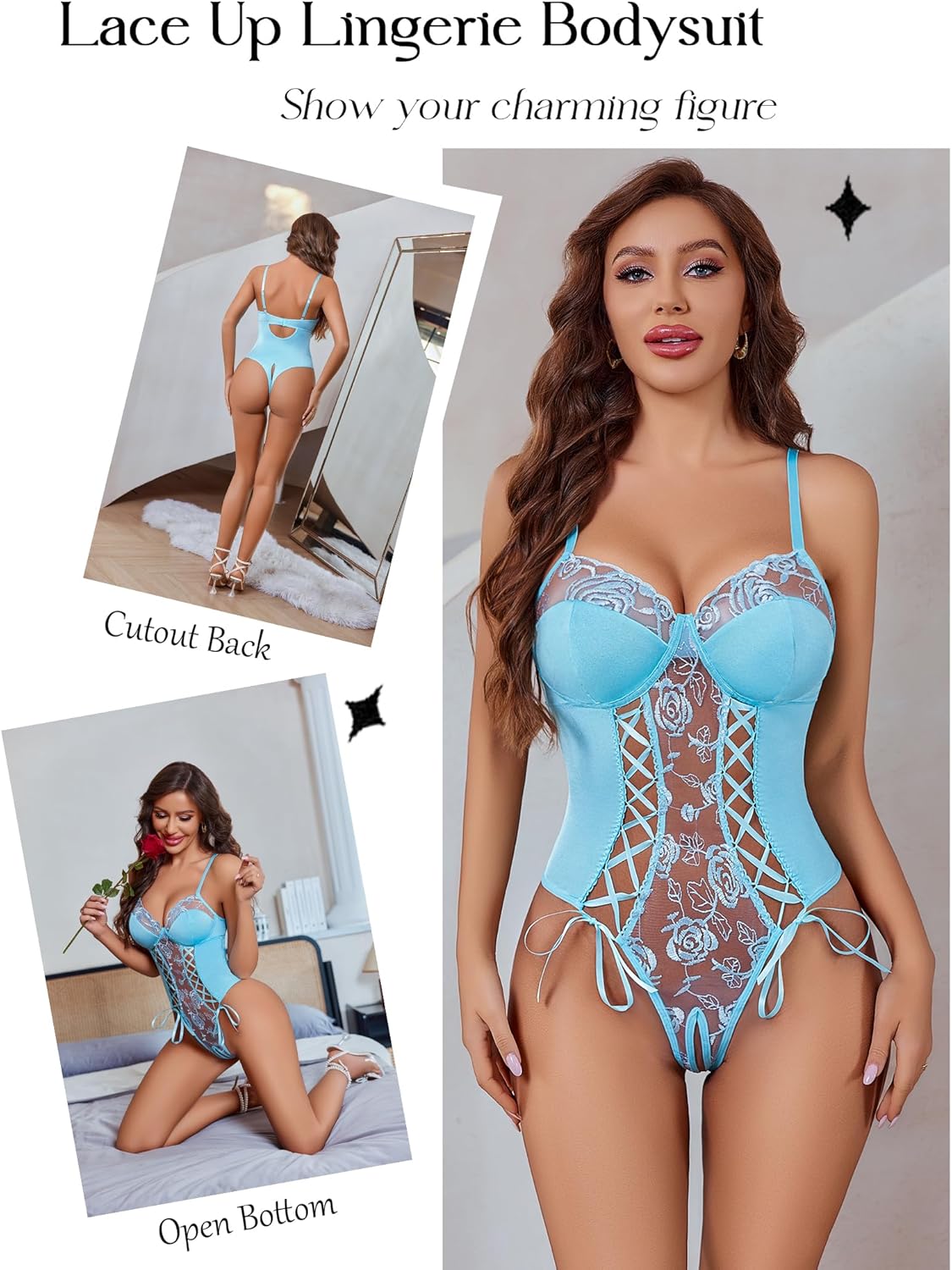 Avidlove Women's Lace Up Front V Neck Bustier Lingerie Sexy One Piece Teddy Lingerie Bodysuit Boudoir Outfit - Image 2