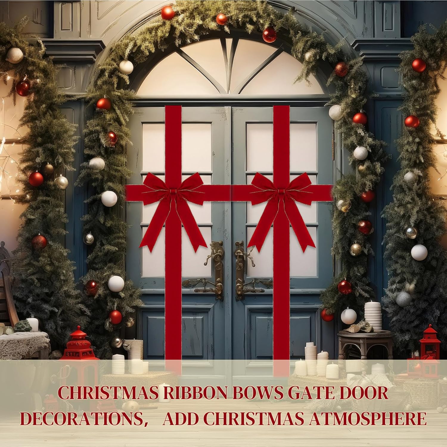 4 Pcs Christmas Door Bows Velvet Red Cabinet Kitchen Ribbon Bows Large Gate Christmas Xmas Wreath Bow Festival Wrapping Decorations for Front Door Cupboard Holiday Party Decor (Classic Style)