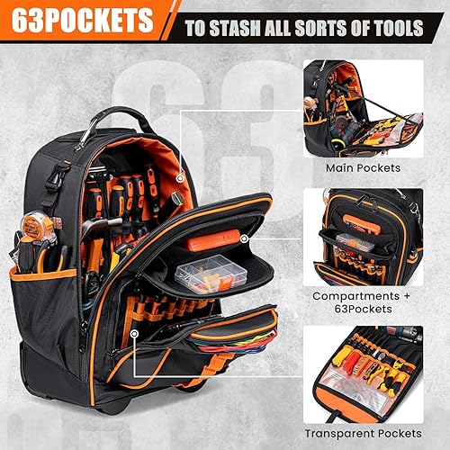 Miniatura 3 de Mochila de herramientas rodante 2 en 1 resistente, bolsa de herramientas rodante con ruedas, 63 bolsillos para hombres, mochila impermeable para