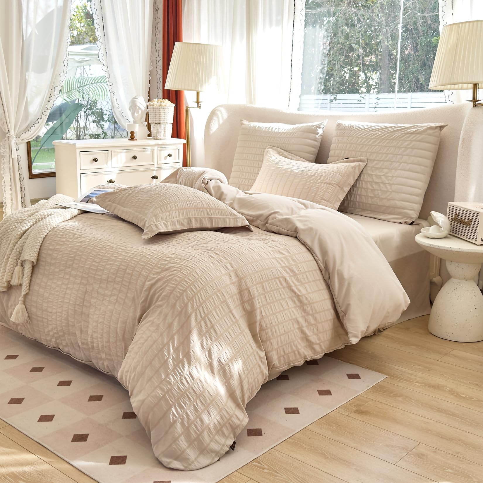 Seersucker Bettwäsche 200x200 Beige Streifen Atmungsaktive Mikrofaser Bügelfreie Bettwäsche 3 Teilig Set mit Reißverschluss Kühl und Komfortabel für Sommer Doppelbett