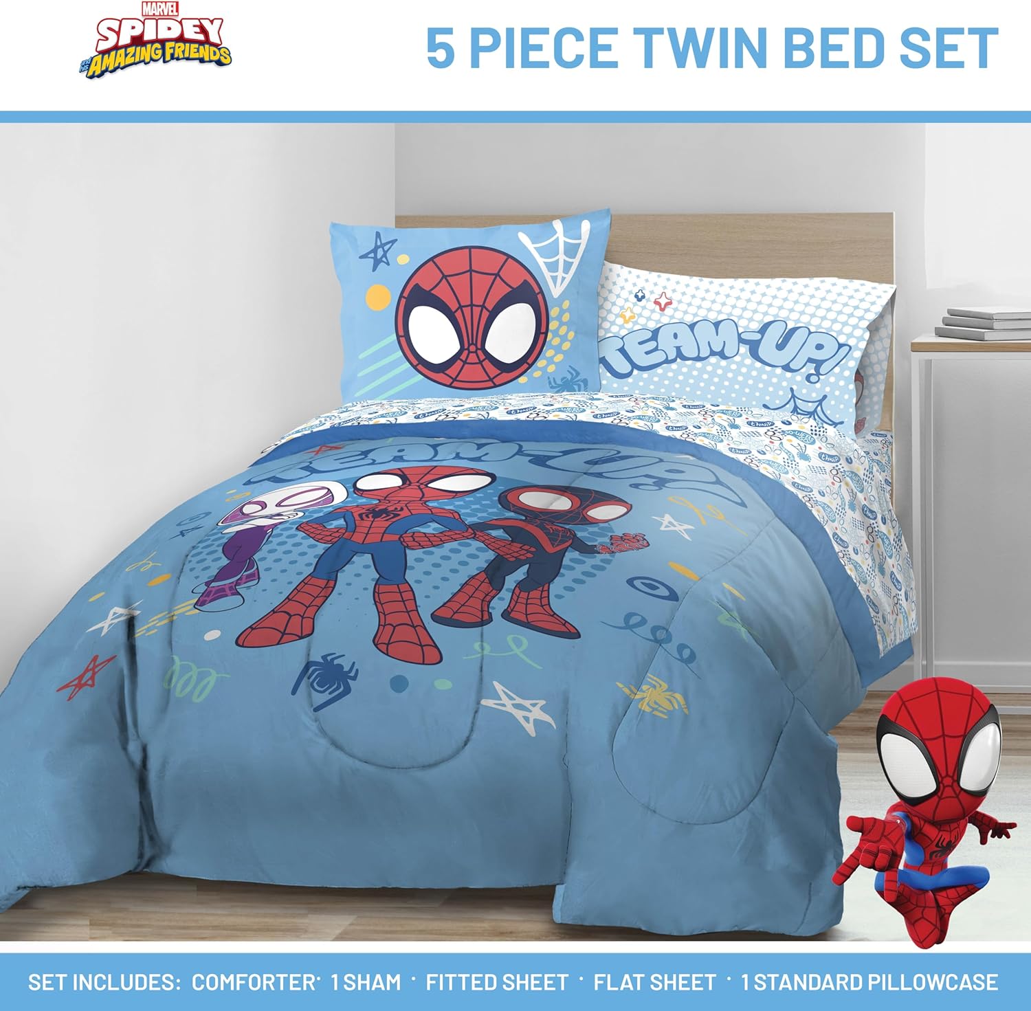 Jay Franco Kids Comforter Set Includes Sheets and Pillow Covers - Soft and Cozy Bed Set for Stylish Room Decor, Light Blue - Spidey & His Amazing Friends, 5 Piece Twin Bedding Light Blue - Spidey & His Amazing Friends 5 Piece Twin