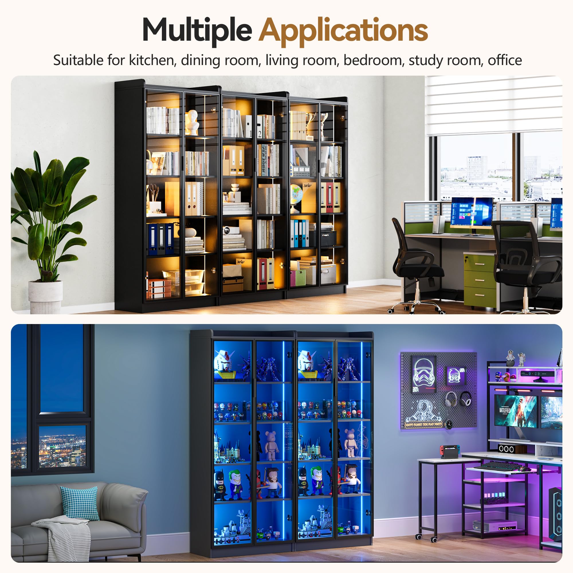 Gurexl Vitrine mit LED Beleuchtung und Intelligente Sensorik für Kuriositäten,Vitrinenschrank mit 5 Höhenverstellbaren Böden und Acryltür für Wohnzimmer,Persönliches Büro,Studie,Schätze,Schwarz