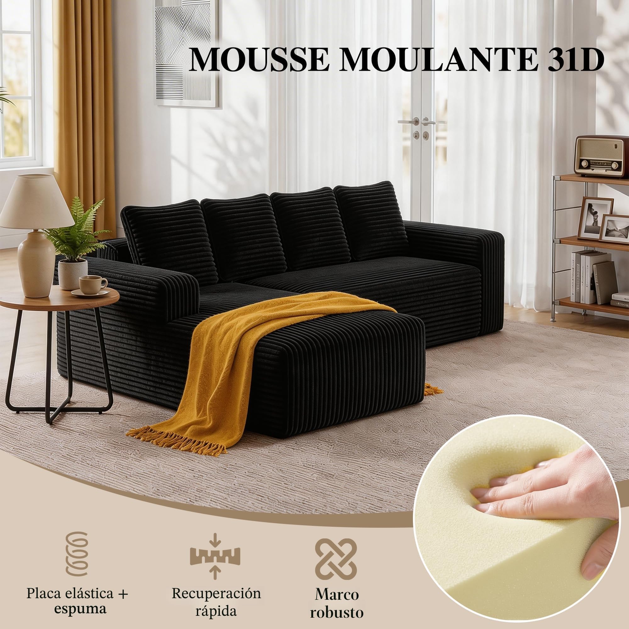Sofá esquinero en forma de L, sofá de 4 plazas con meridiana y 4 cojines, sofá de pana, sin montaje, para salón y apartamento (Negro)