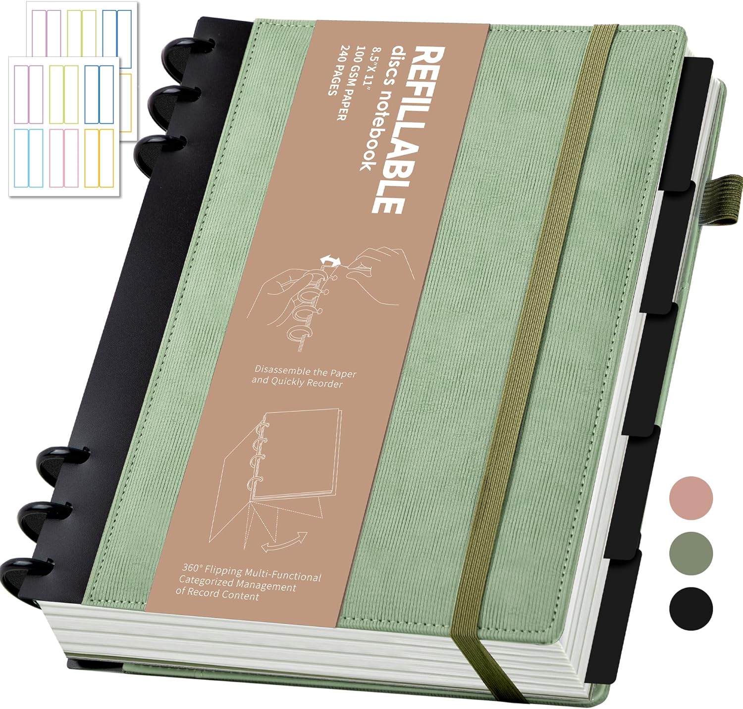 Yoment Refillable Notebooks for Work 5 Subject with Removable Dividers Tabs 240 Pages Hardcover Leather Journals for Writing Large Discbound Planner Colleged Ruled Paper for Women Men 8.58 x 11,Green