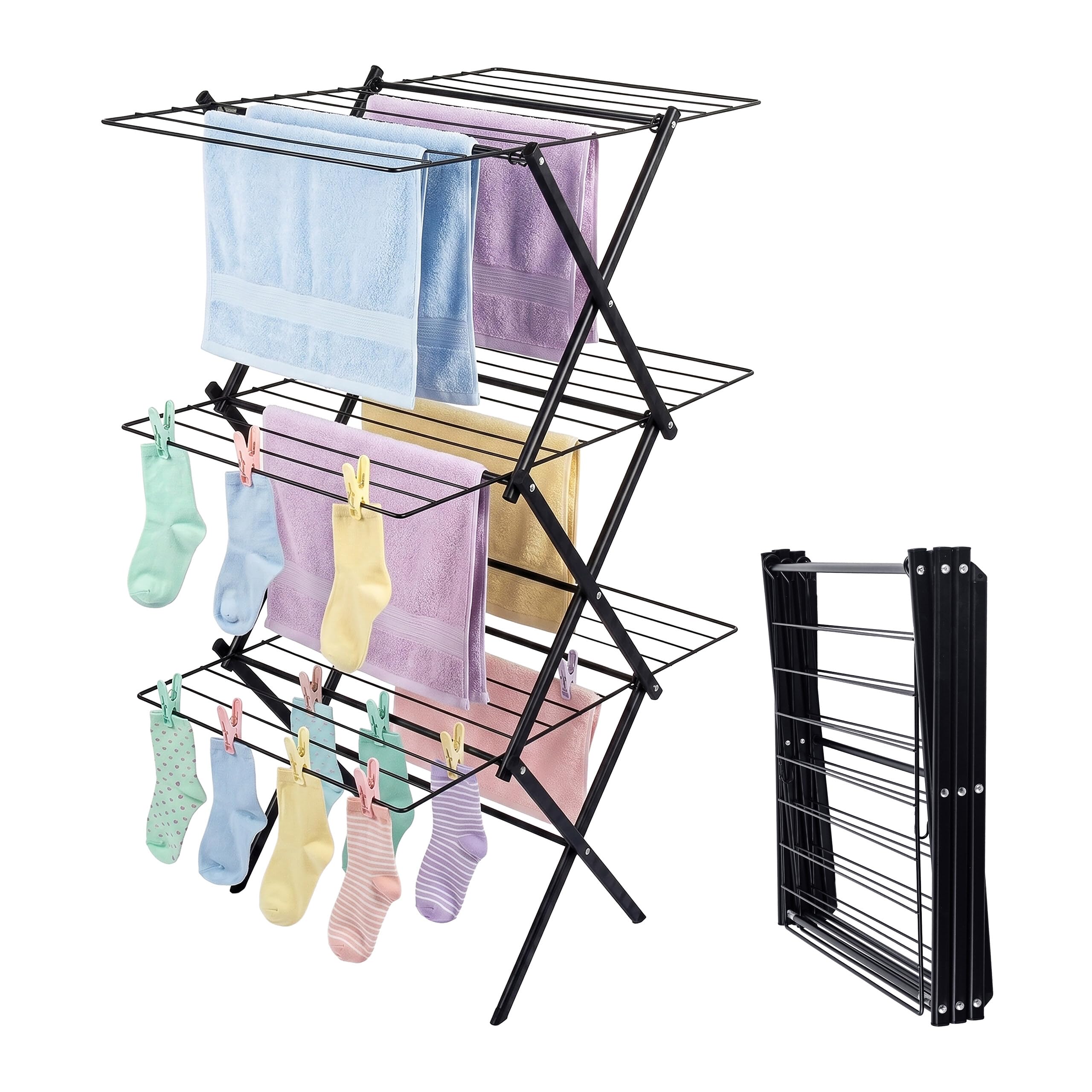 Relaxdays Tendedero Plegable, 27 Barras, Negro | (Al x An x F) 115 x 53,5 x 52 cm, metal, torre ahorra espacio