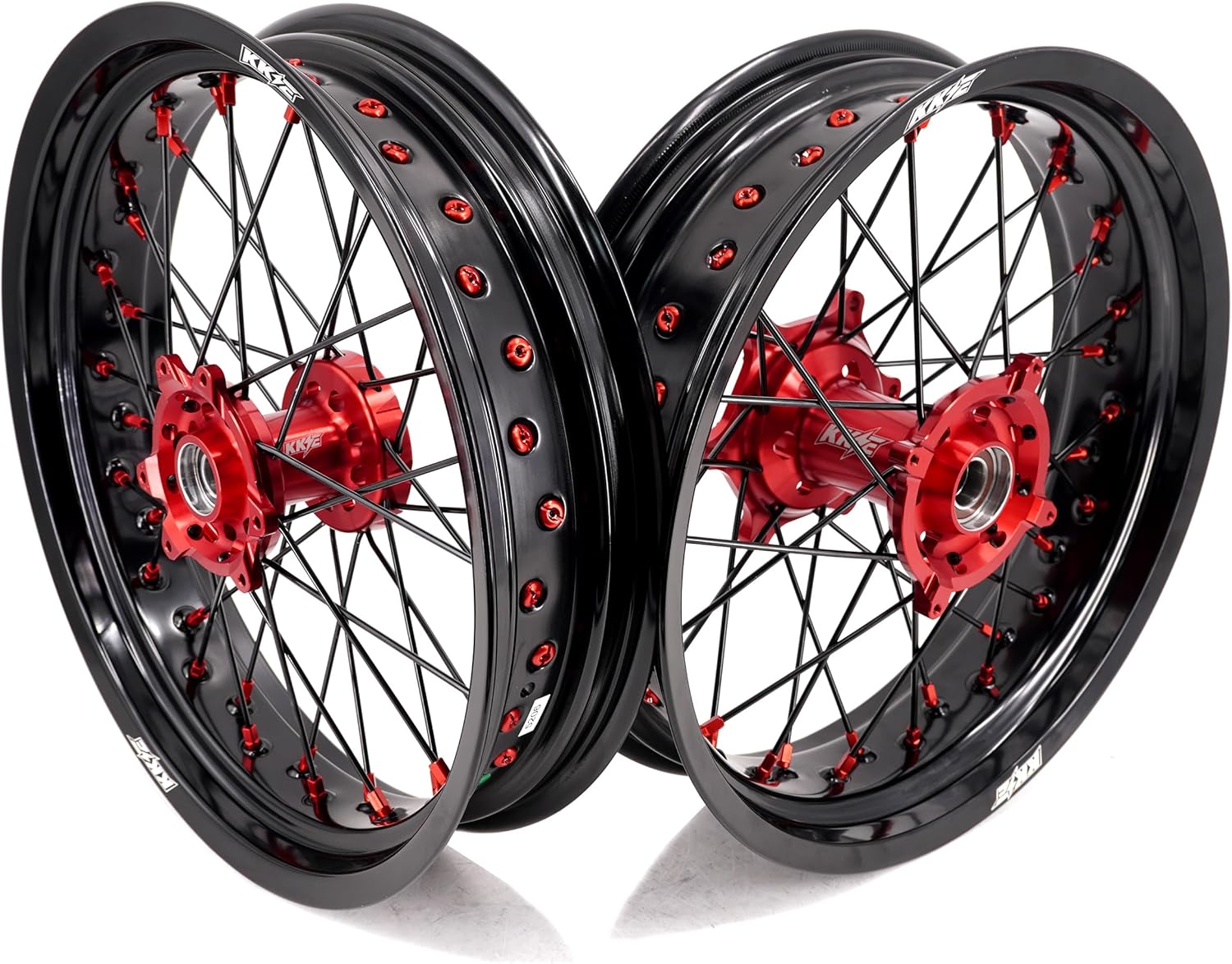 KKE 3.5/4.25 Supermoto Stunt Motorcycle Wheels Rims Set Compatible with HONDA CRF250R 2004-2013 CRF450R 2002-2012 Red Hub/Nipple Black Rim/Spoke