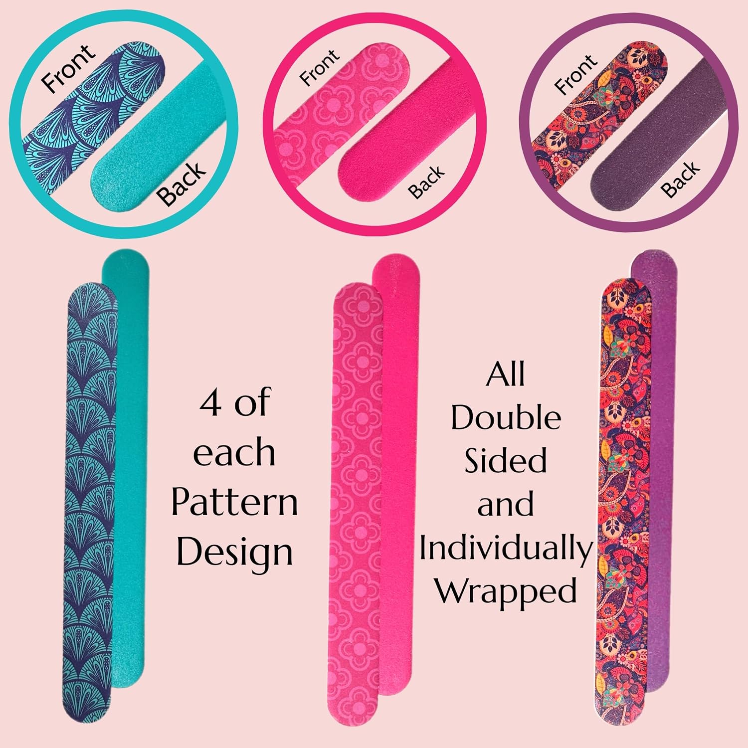 12 Nail File Emery Boards Dual Sided Buffer Nail Filing Tools Smoothing Manicure Pedicure TSA Travel Friendly Professional DIY Fashionable Design Pink Blue Purple