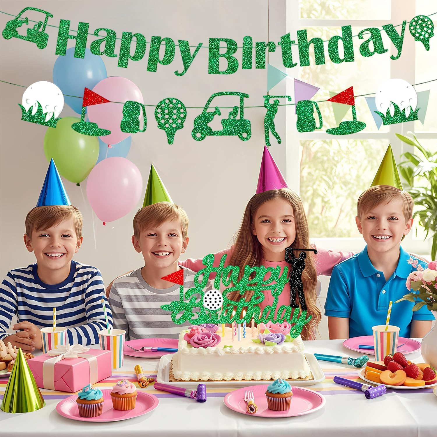 Golf Birthday Decorations, Glitter Happy Birthday Banner & Golf Cake Decorations, Sports Theme Party Decor for Golf Ball Player, Golf Themed Party Decorations for Man Boy Girl