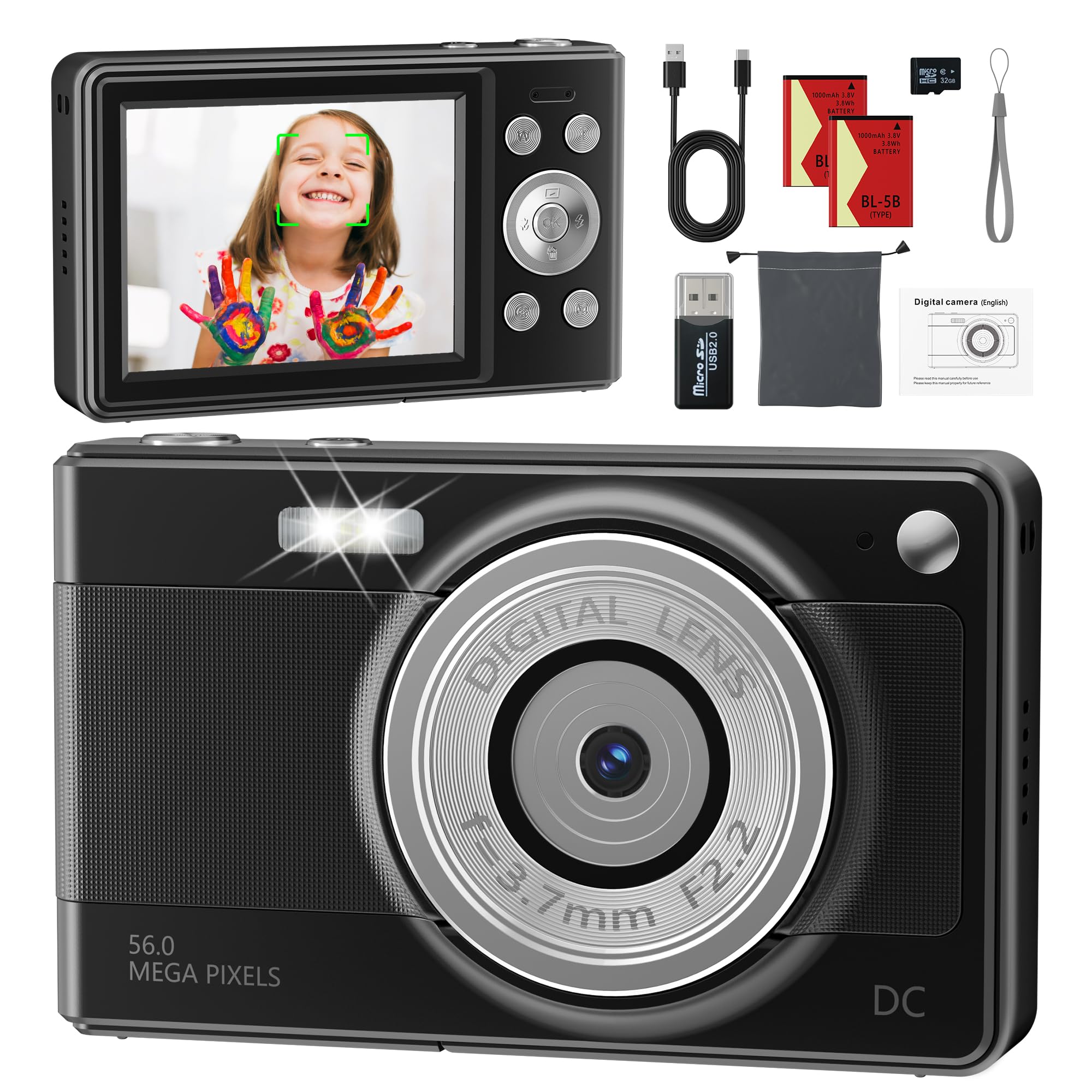 Digitalkamera 56MP 1080P Fotokamera mit 32GB SD-Karte & 2 Akkus, 16-Fach Digitalzoom mit 2,8" LCD-Display, Fotoapparat Kompakt Digitalkamera für Einsteiger, Jugendliche und Studenten, Schwarz