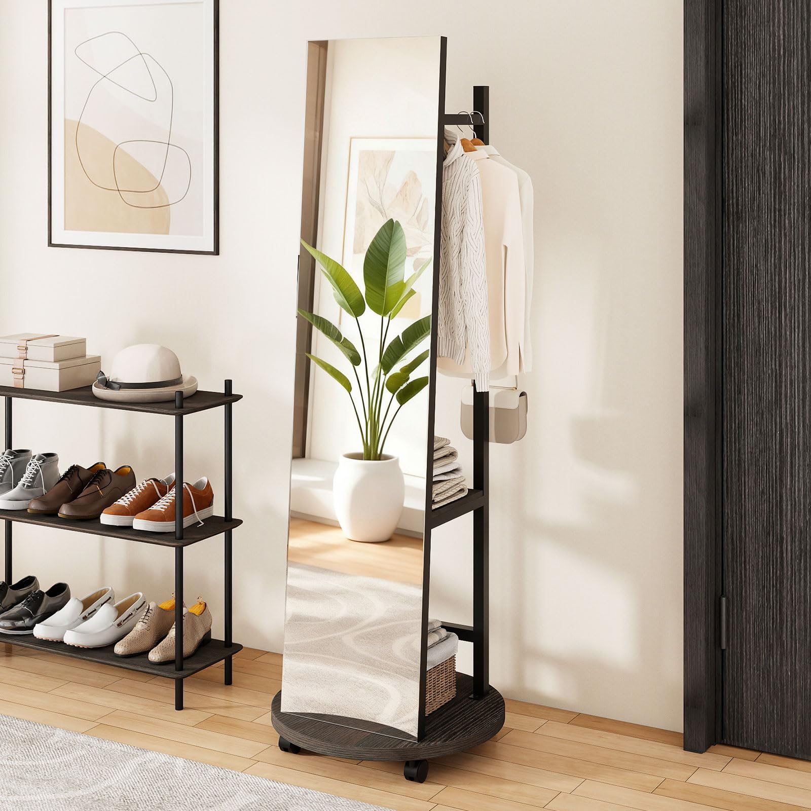 GIANTEX Specchio a figura intera, specchio da terra con appendiabiti, 45 x 135 cm, grande specchio con vetro infrangibile, ganci, ripiani, ruote, per ingresso, soggiorno, camera da letto (nero+noce)