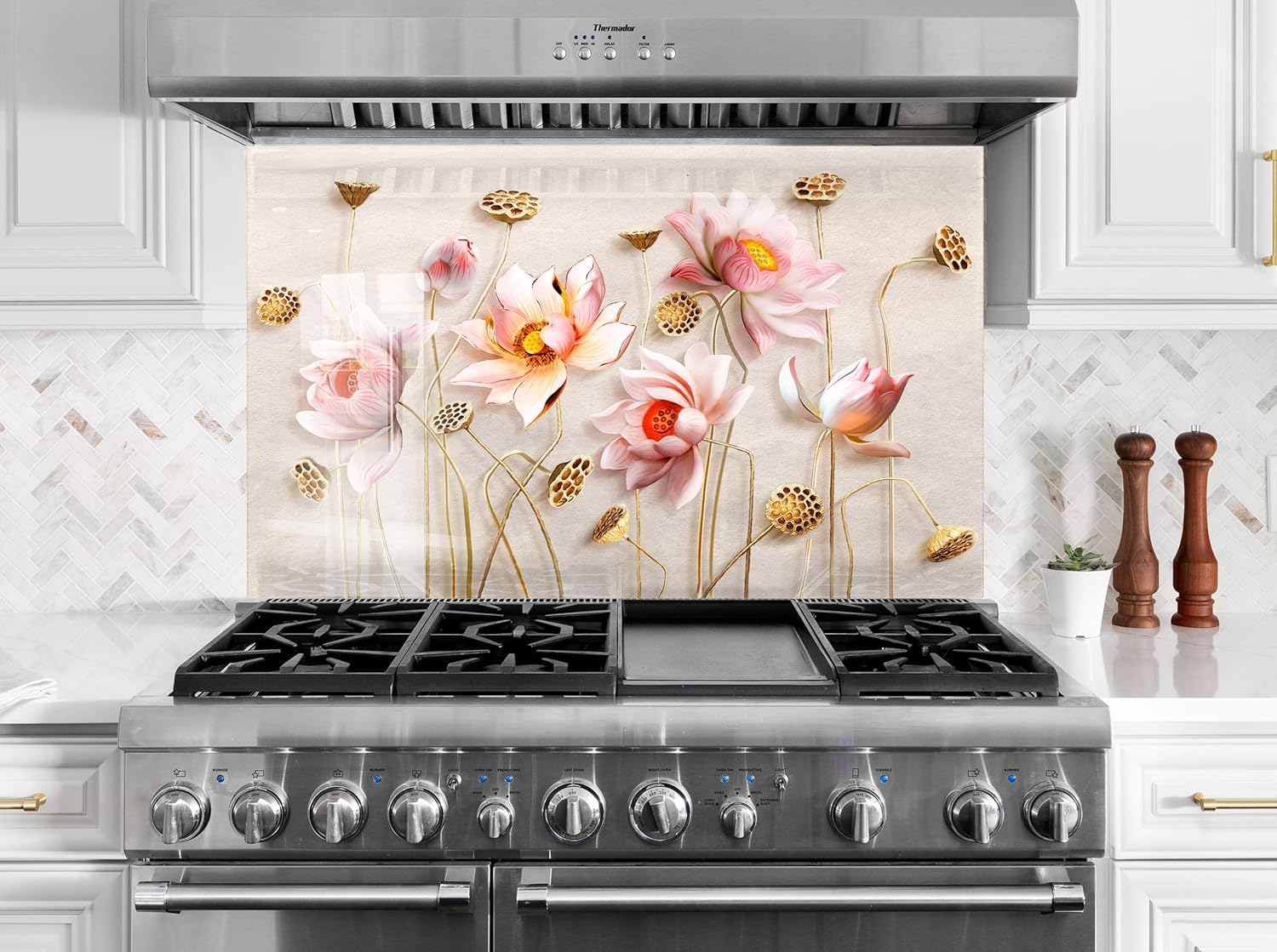 Myphotostation.com 23.5Wx12H''Tempered Glass Pink Floral Backsplash Design Cooker Wall Backsplash Panel Glass Splashback for Kitchen Panel Design Flower Splashback Behind Stove