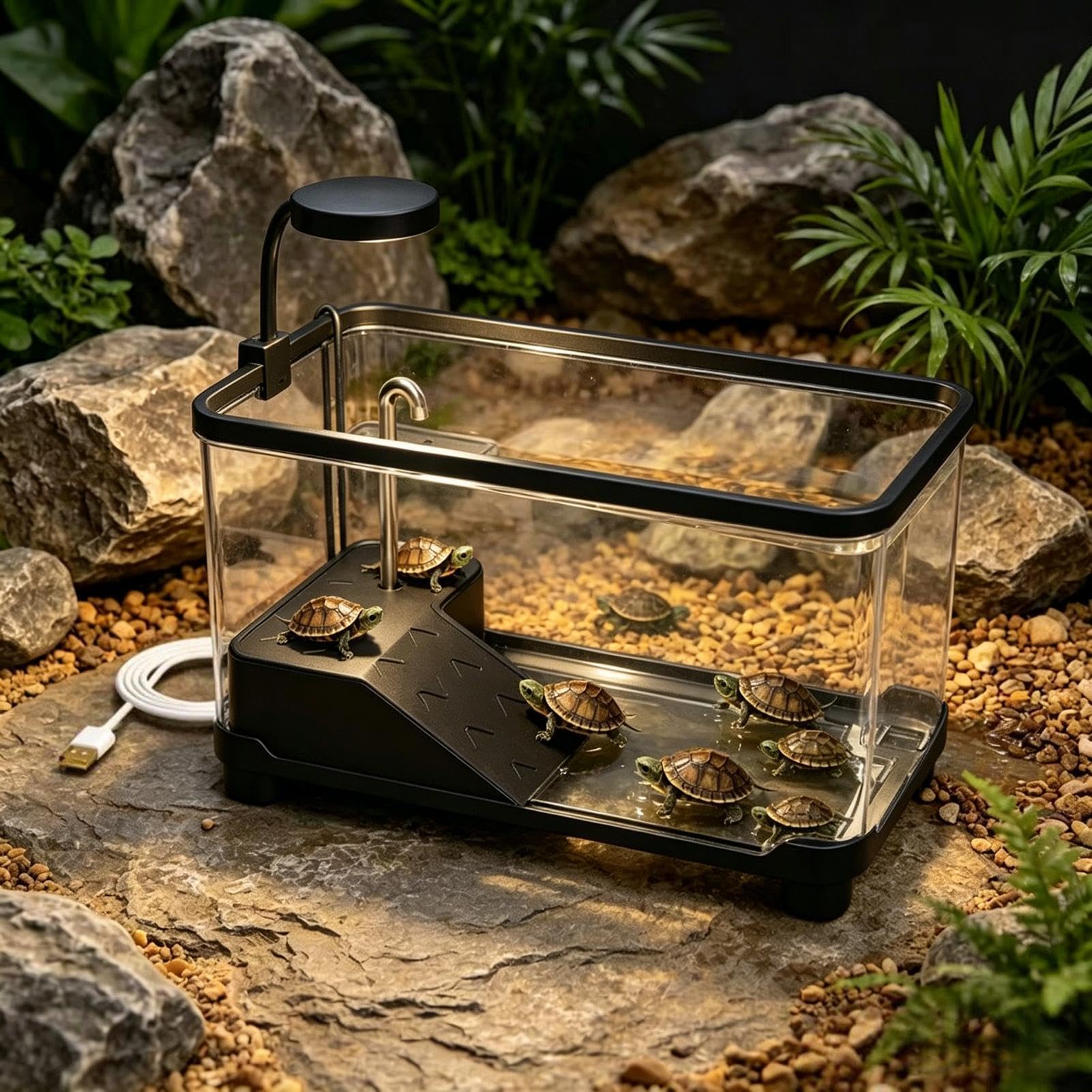 Akwarium dla żółwia Przezroczyste Terrarium Akwarystyczne z Platformą do | Terrarium dla żółwia do zastosowania w akademiku, sklepie, miejscu pracy, salonie, na biurku,