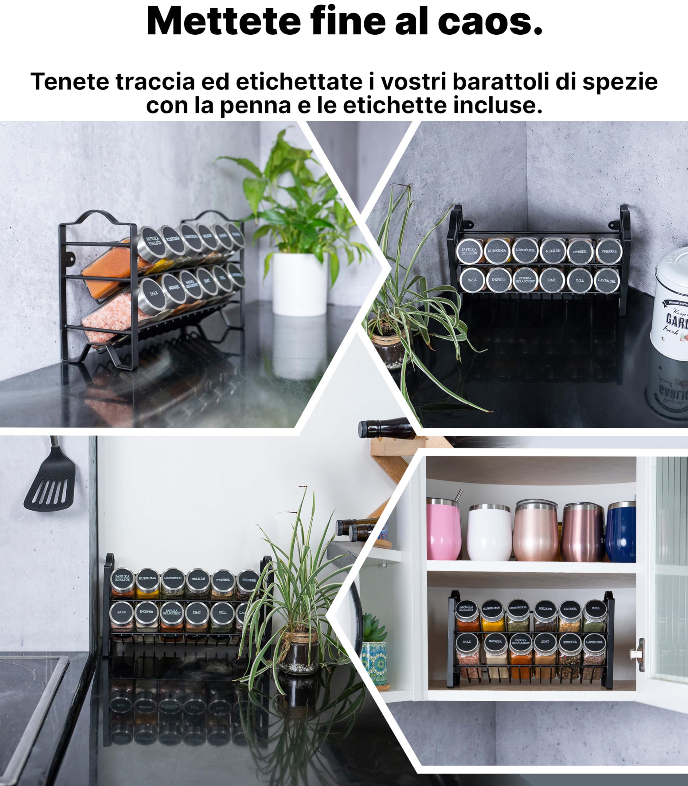 Deco haus® Porta Spezie per Cucina [con Barattoli ed Etichette]- Organizzatore di spezie - Portaspezie in Piedi e da Parete - Portaspezie Salvaspazio