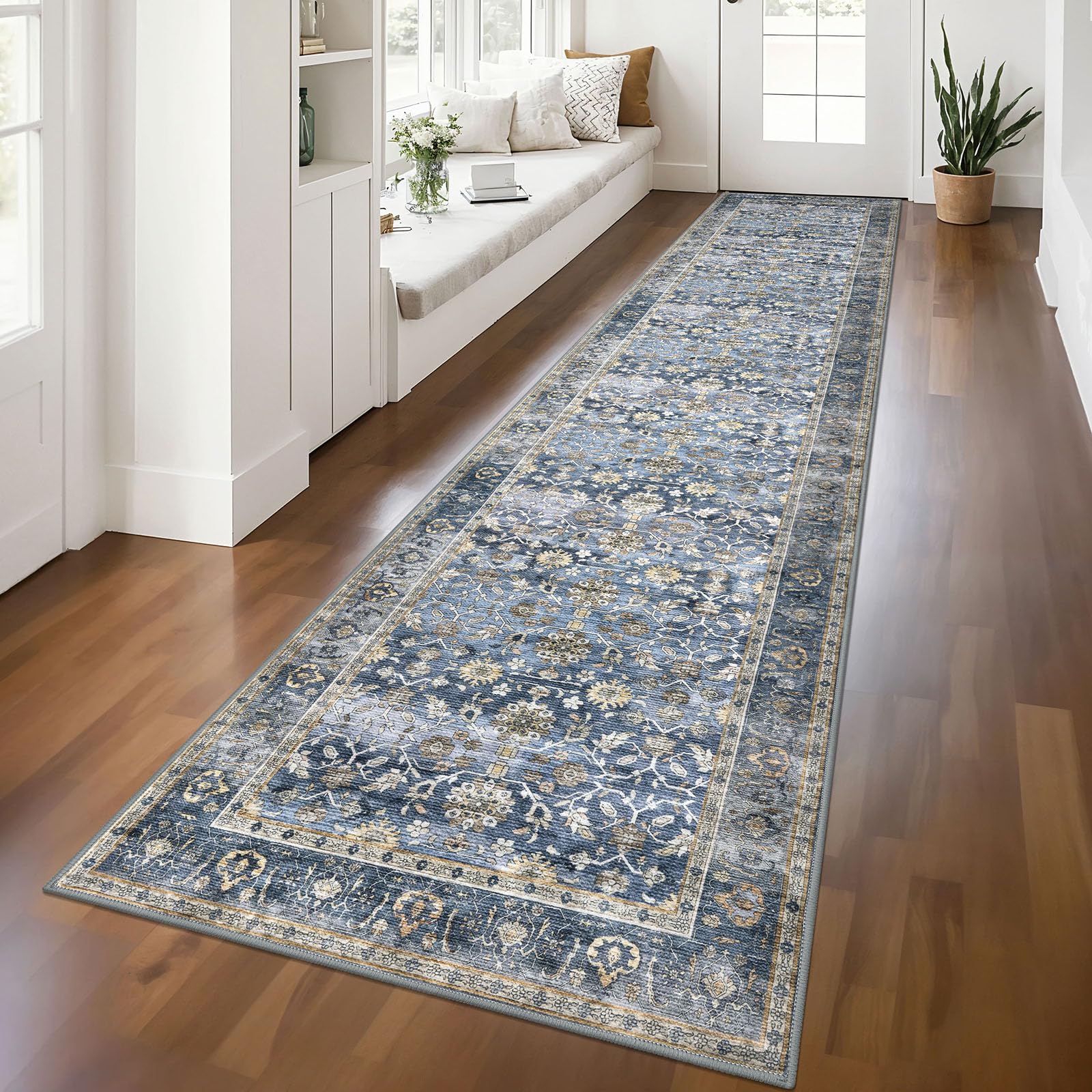 KUTA Vintage Washable Long Runners for Hallways 2.6x12 Blue Grey Beige