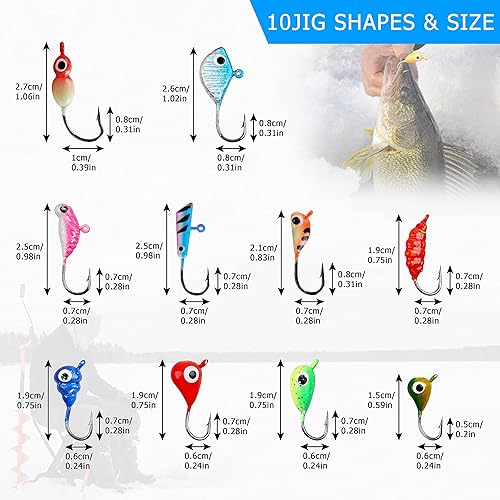 Miniatura 4 de Juego de señuelos de pesca en hielo, 48 piezas de equipo luminoso de pesca en hielo Crappie Panfish Jigs Head Fishing Hooks Set para invierno Ice