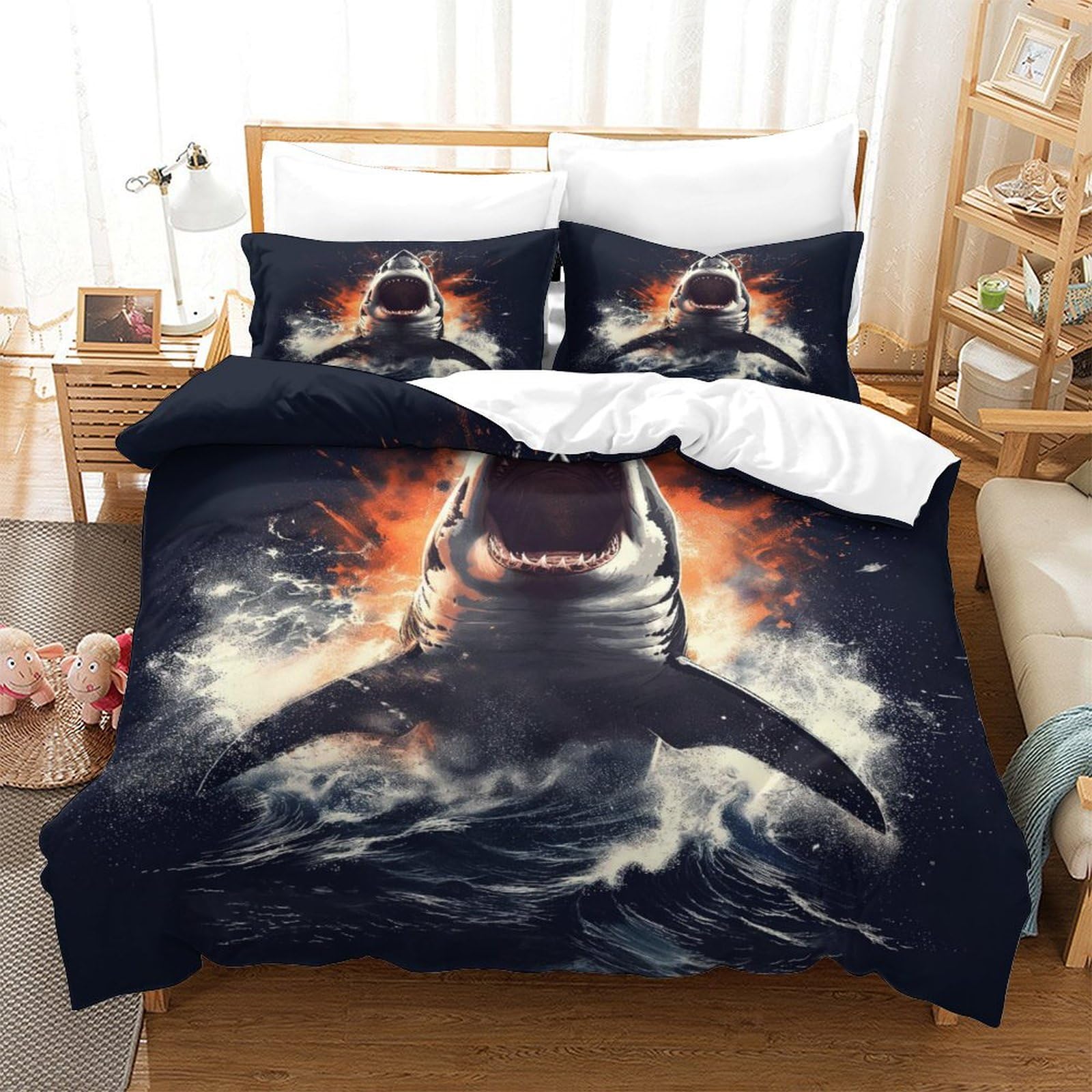 Housse de couette requin 3D en microfibre 260x220 cm avec ses deux taies d'oreiller pour lit King