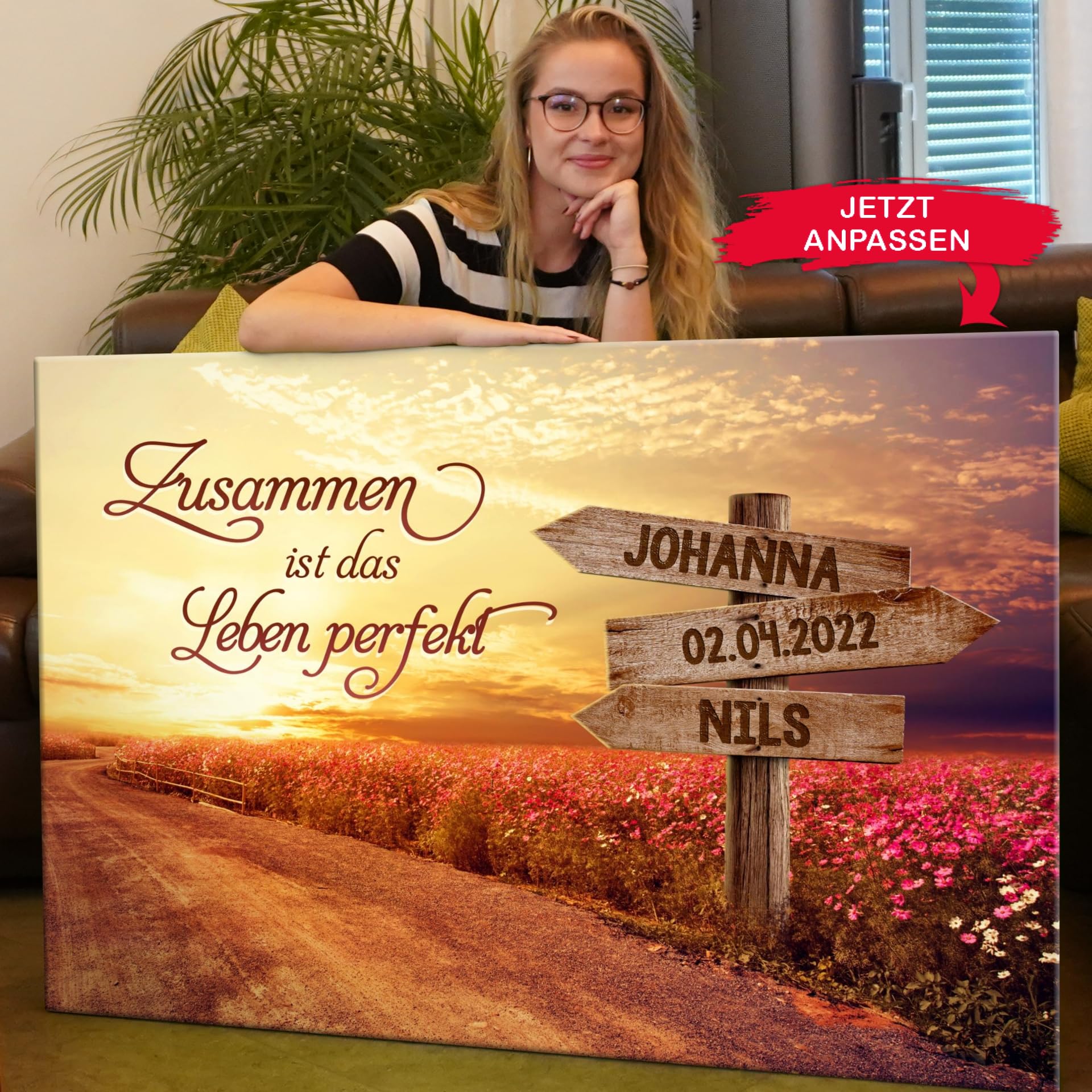 Liebesleinwand Leinwand personalisiert Weg zum Glück | Geschenk für sie oder ihn zum Jahrestag, Verlobung, Hochzeitstag | Leinwandbild gestalten mit Namen und Datum
