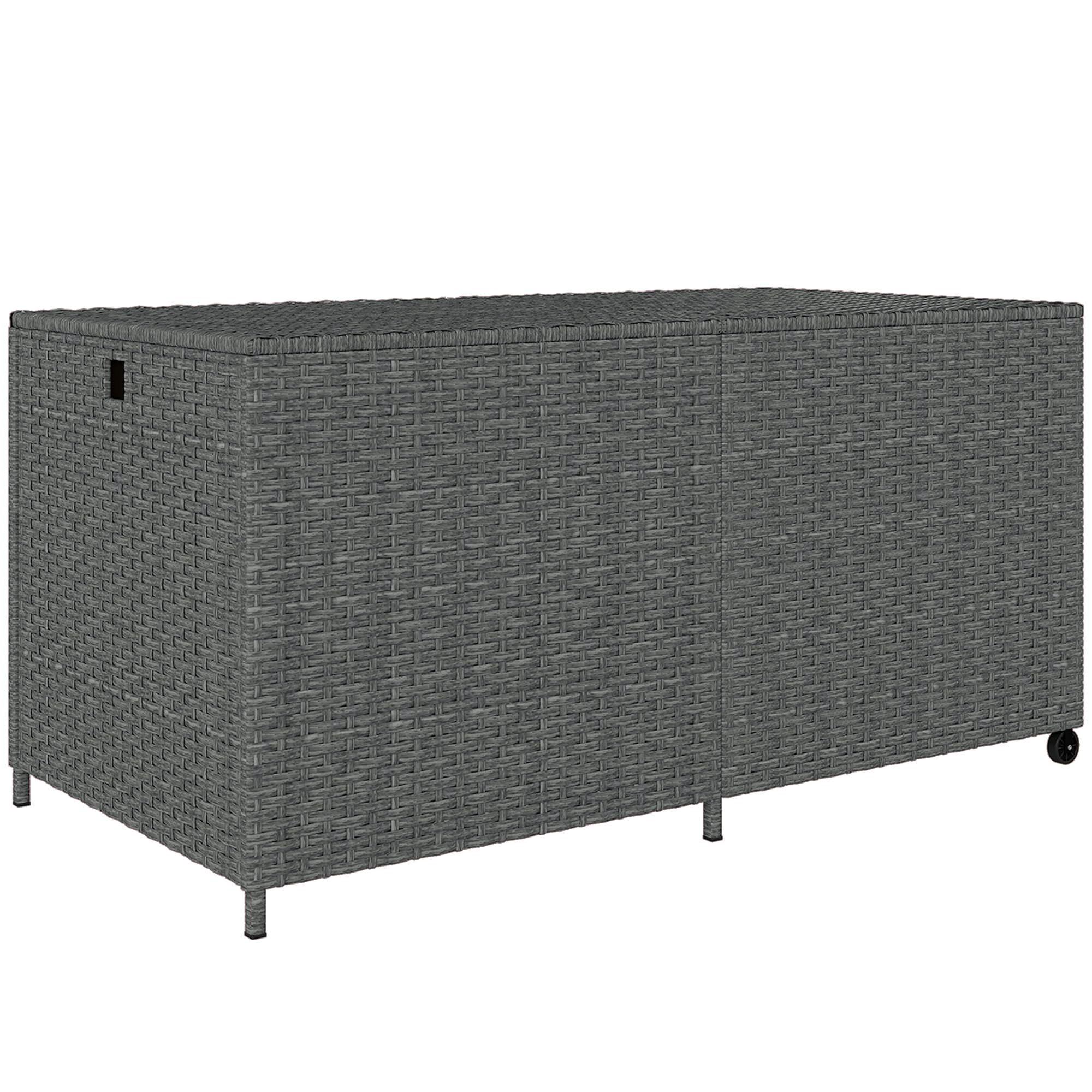 Outsunny 162 Gallon Rattan Deck Box with Wheels, Wicker Outdoor Storage Box with Waterproof Zippered Liner, Safe Pneumatic Rods, Patio Rattan Storage Container for Gardening Tools
