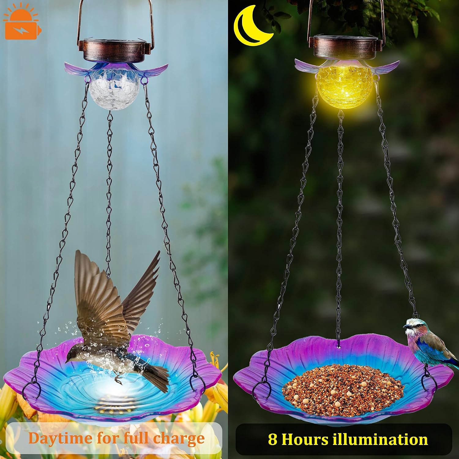 MAGGIFT Solar Powered Bird Bath for Outdoor Hanging, Wild Bird Feeder Glass Flower Seed Tray Outside, Waterproof Birdfeeders Solar Garden Crackle Glass Ball Light Warm White LED Landscape Lighting