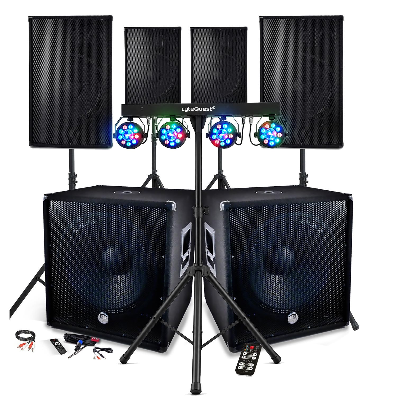 BM Sonic Kit Sono DJ 4800W 4 Altavoces 12" 2 Subwoofers 18" USB Bluetooth Pies Salón de Fiestas, Sono para Banquet/Comida
