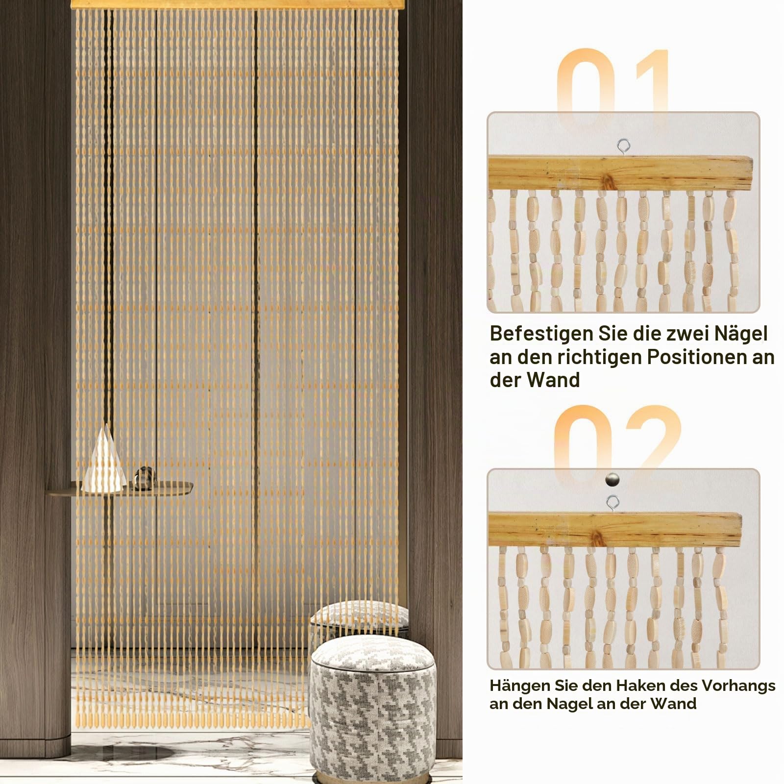 Perlenvorhang Balkontür 90x200cm, Türvorhang Bambus Stil mit 52 Strängen, Insektenschutz Vorhang aus Holzperlen für Balkon, Schlafzimmer, Camping, Dekorativer Türvorhang Handgefertigt (Holzfarbe)